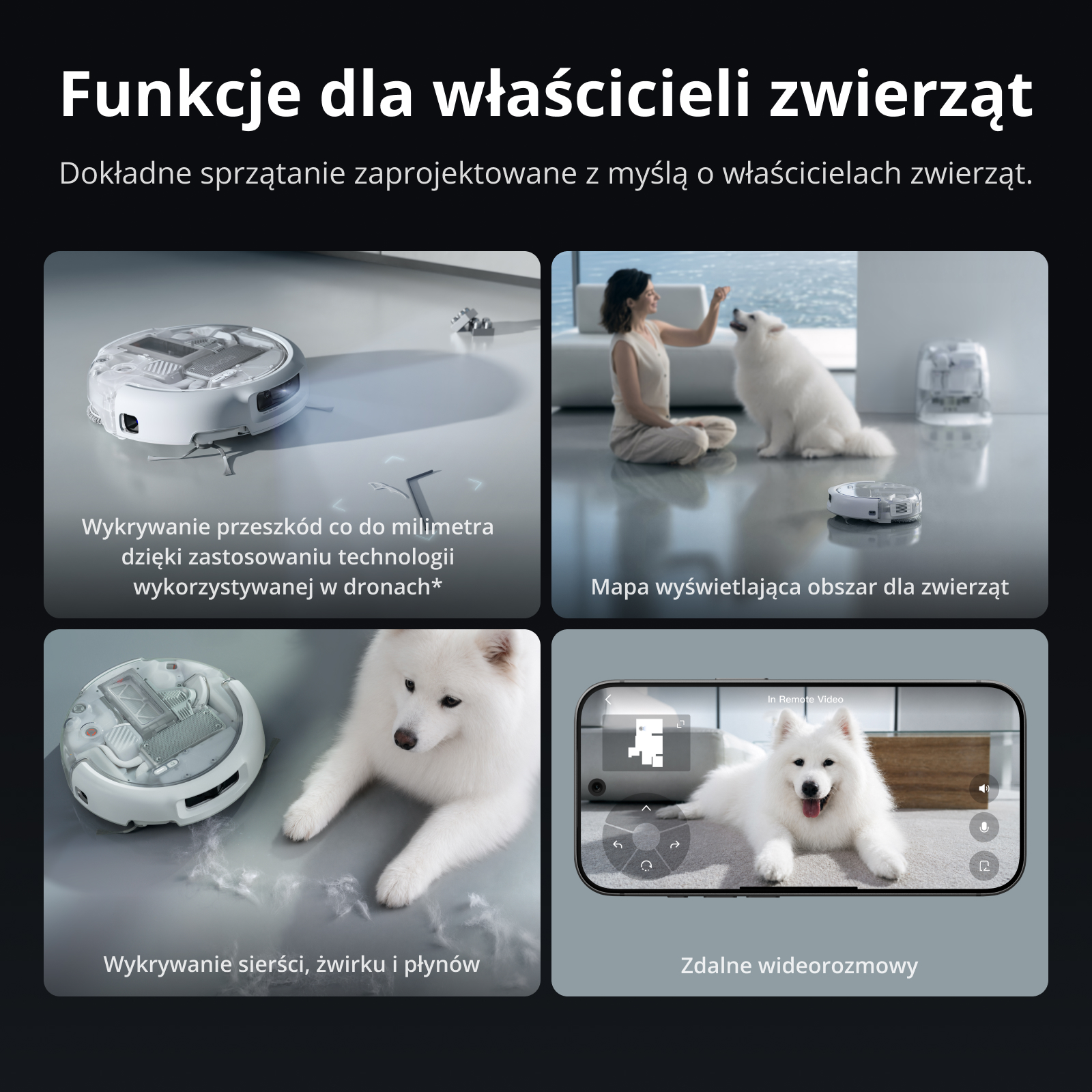 Grafika przedstawiająca funkcje dla właścicieli zwierząt w odkurzaczu automatycznym z wykrywaniem przeszkód.
