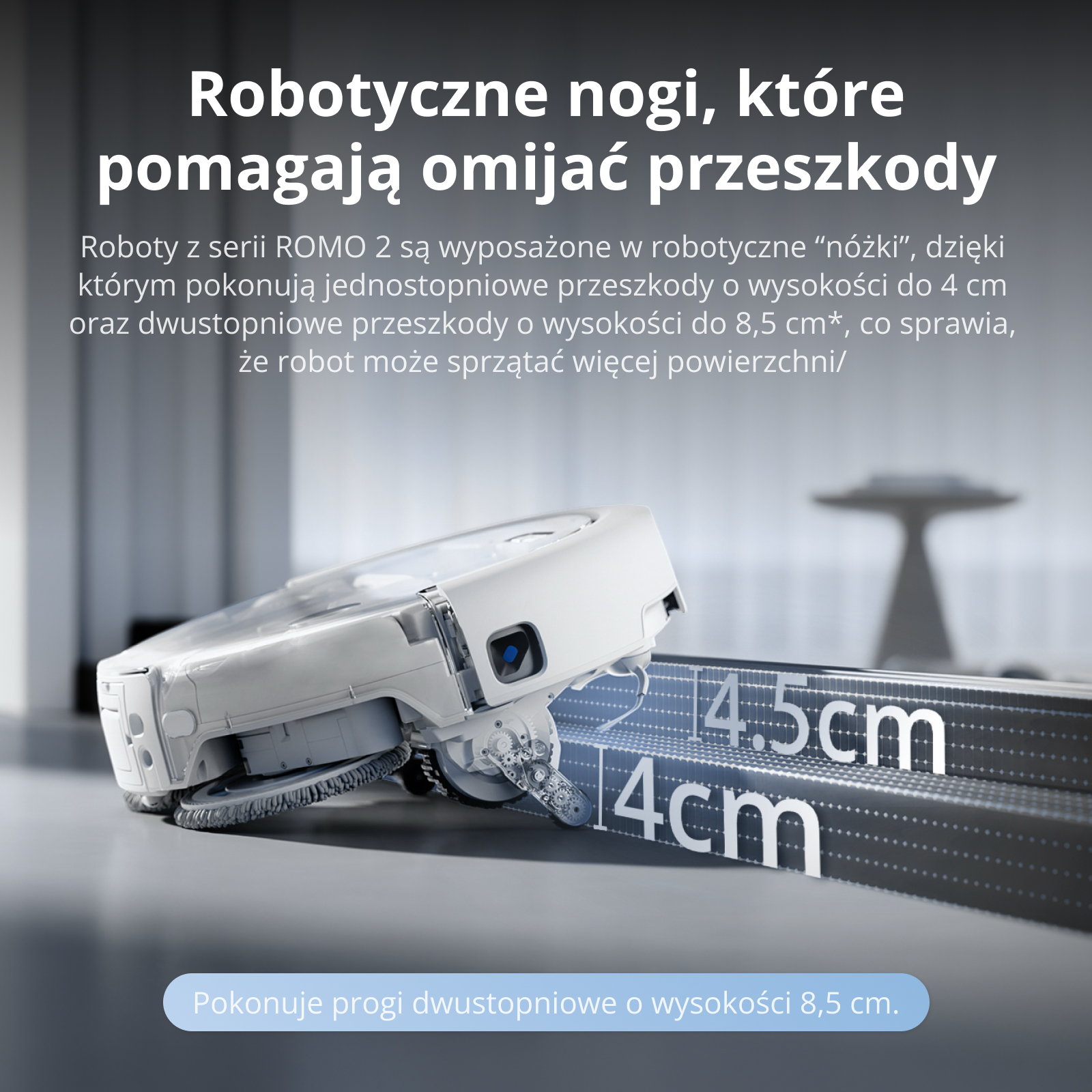 Biały robot sprzątający pokonuje próg, z polskimi napisami w tle.