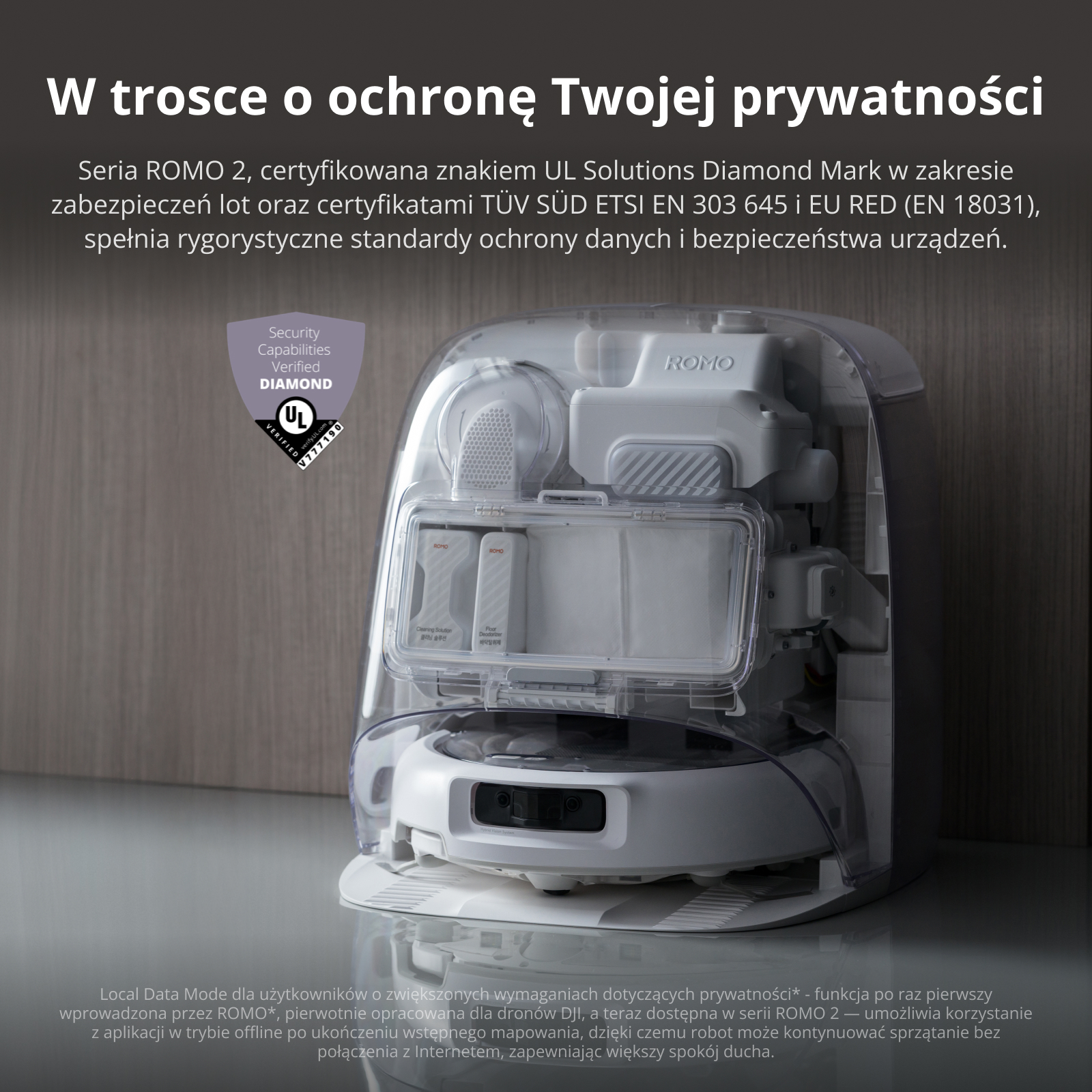 Przezroczysta stacja czyszcząca z białym robotem sprzątającym i certyfikatem UL.