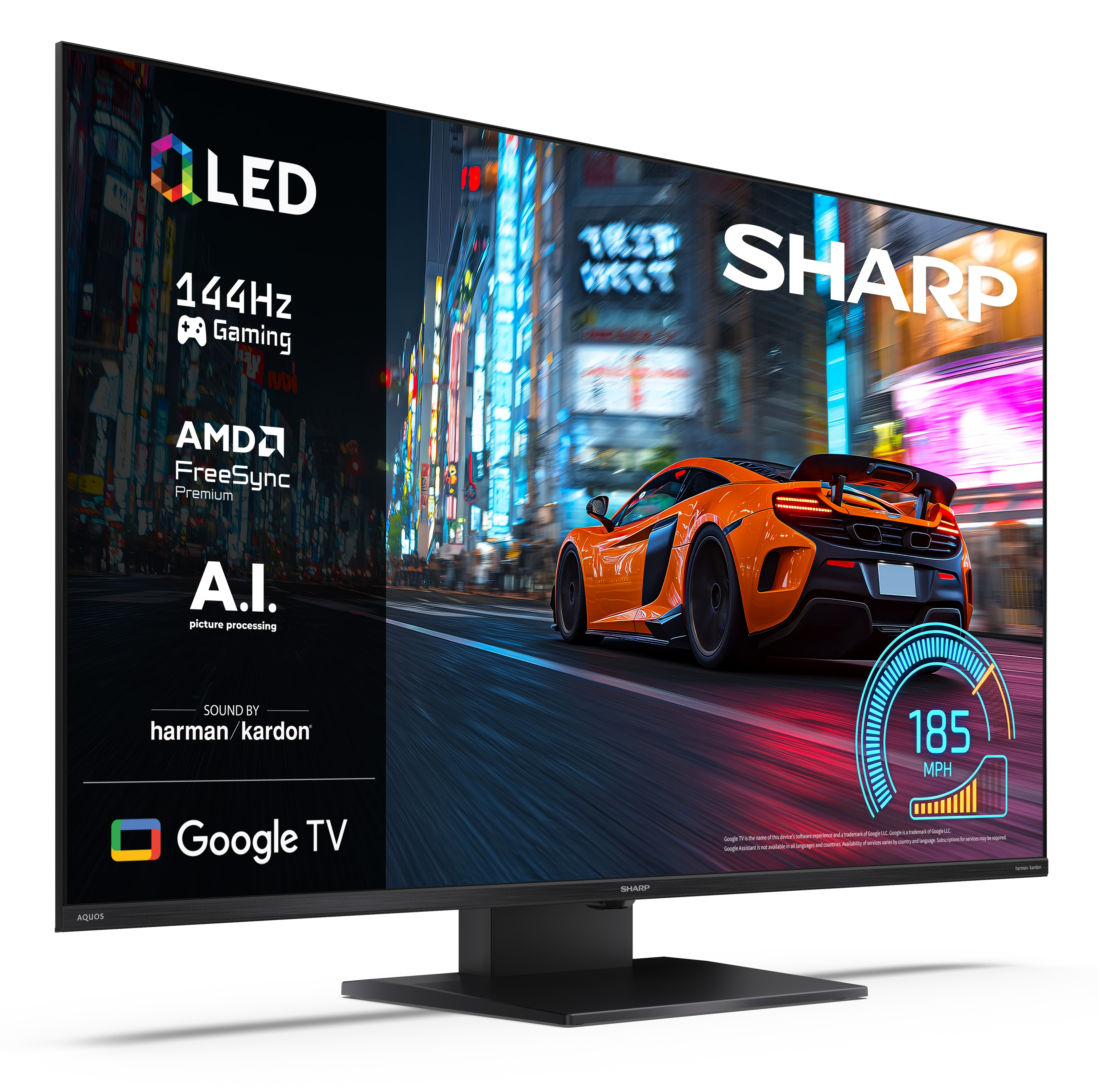 Telewizor Sharp wyświetla pomarańczowy samochód w mieście w nocy z logo OLED i Google TV.