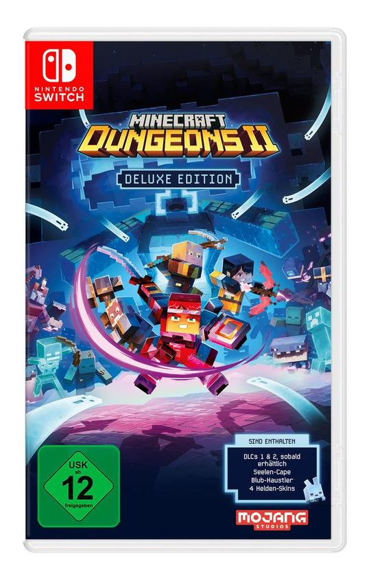 Nintendo Switch Spielhülle für Minecraft Dungeons II Deluxe Edition mit Blockcharakteren und USK 12 USK-Logo.