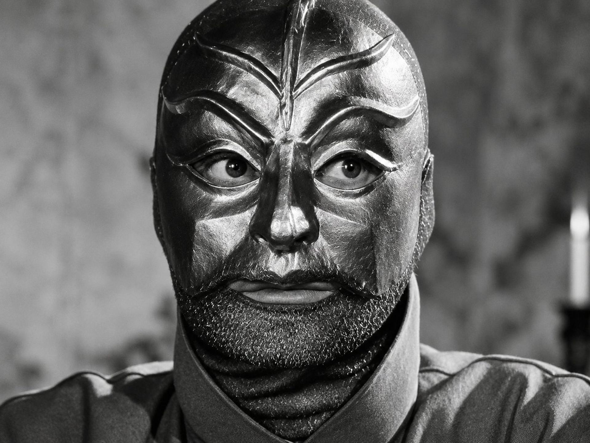 Porträt einer Person mit metallischer, kunstvoll verzierter Maske vor einem schlichten Hintergrund in Schwarz-Weiß.