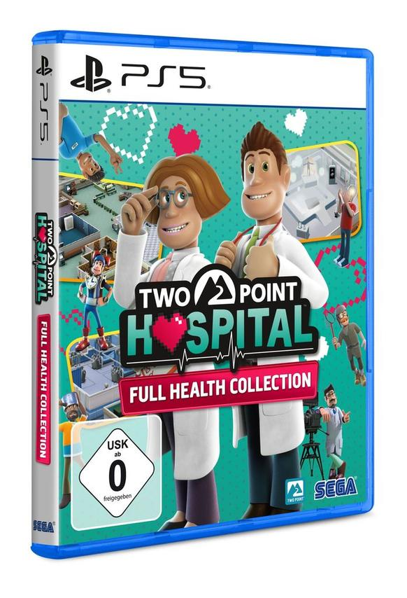 PS5-Spielehülle für Two Point Hospital Full Health Collection mit Cartoon-Ärzten und Krankenhaus-Gameplay.