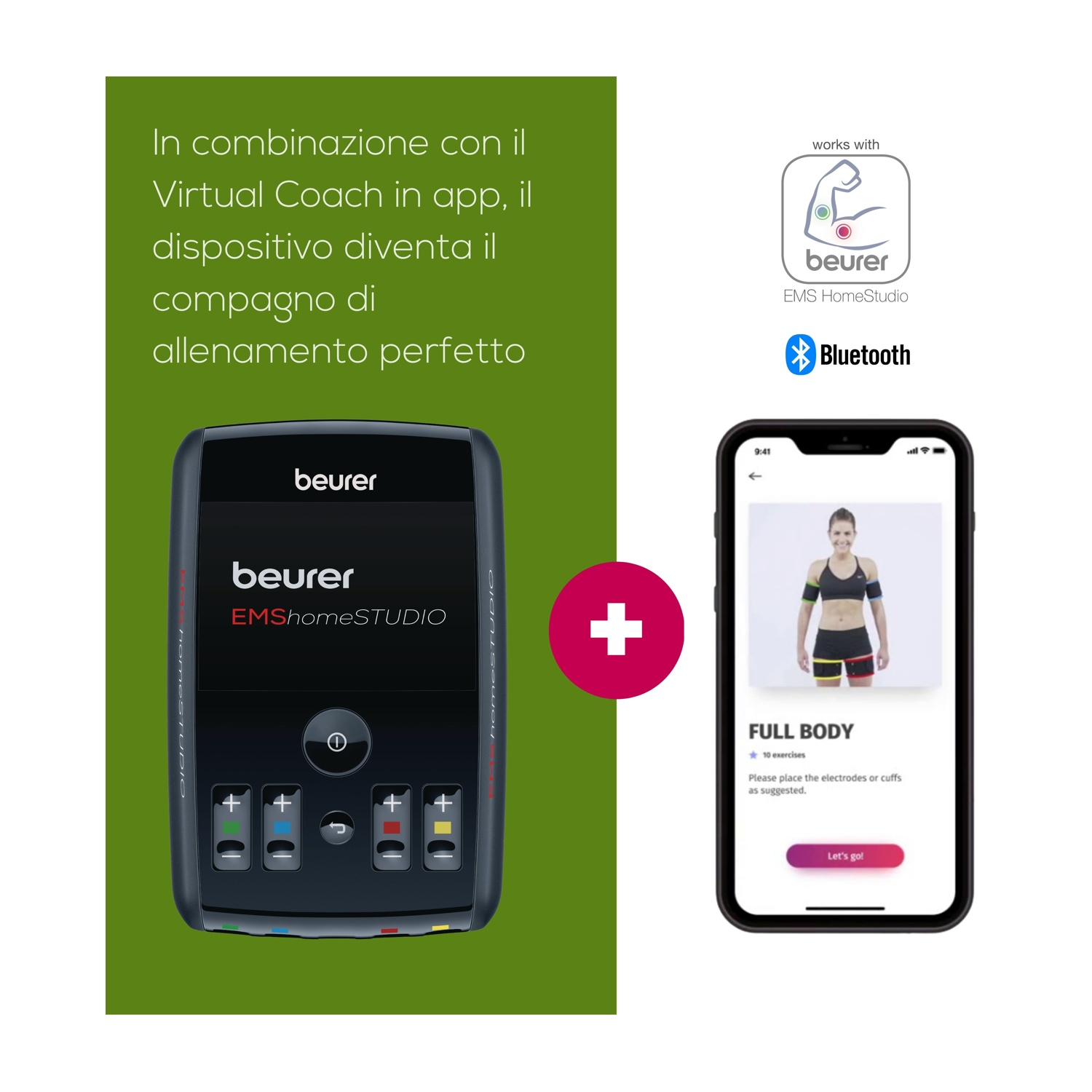 Dispositivo Beurer EMS HomeStudio e app smartphone con istruzioni.