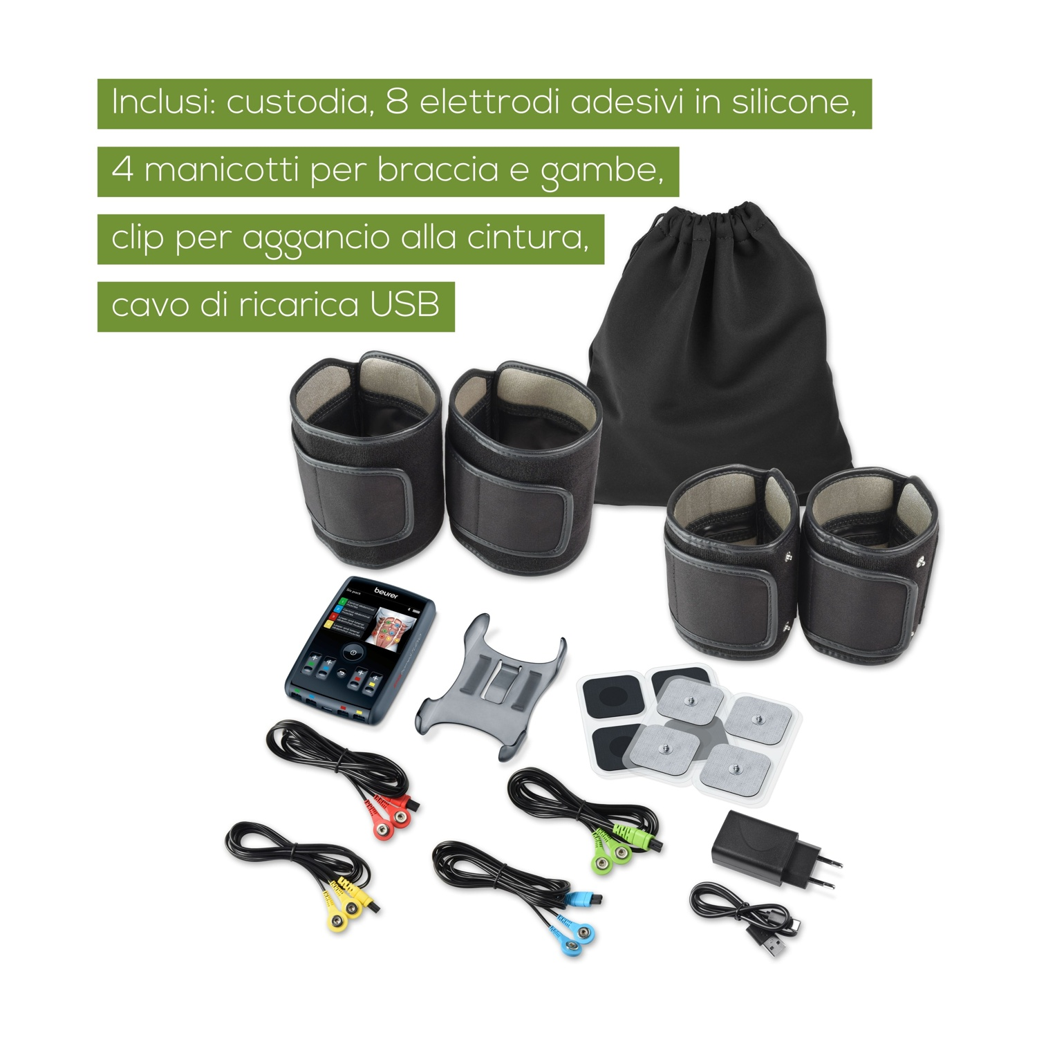 Dispositivo EMS con accessori: quattro manicotti, elettrodi, cavi USB e custodia.