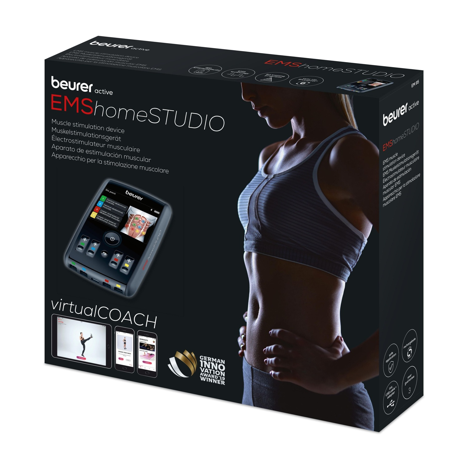 Confezione del dispositivo di stimolazione muscolare Beurer EMS homeSTUDIO con una donna.