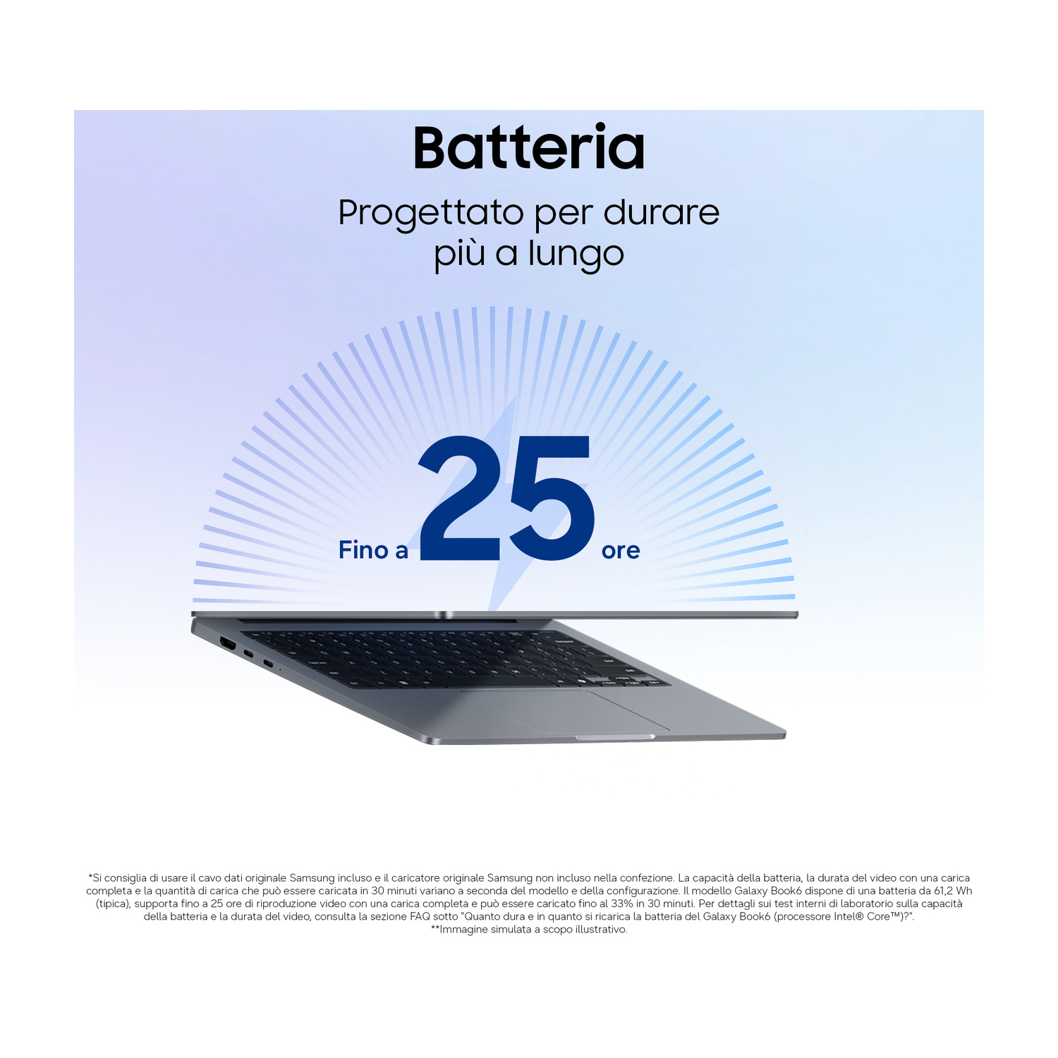 Laptop con testo sulla durata della batteria fino a 25 ore su sfondo blu.