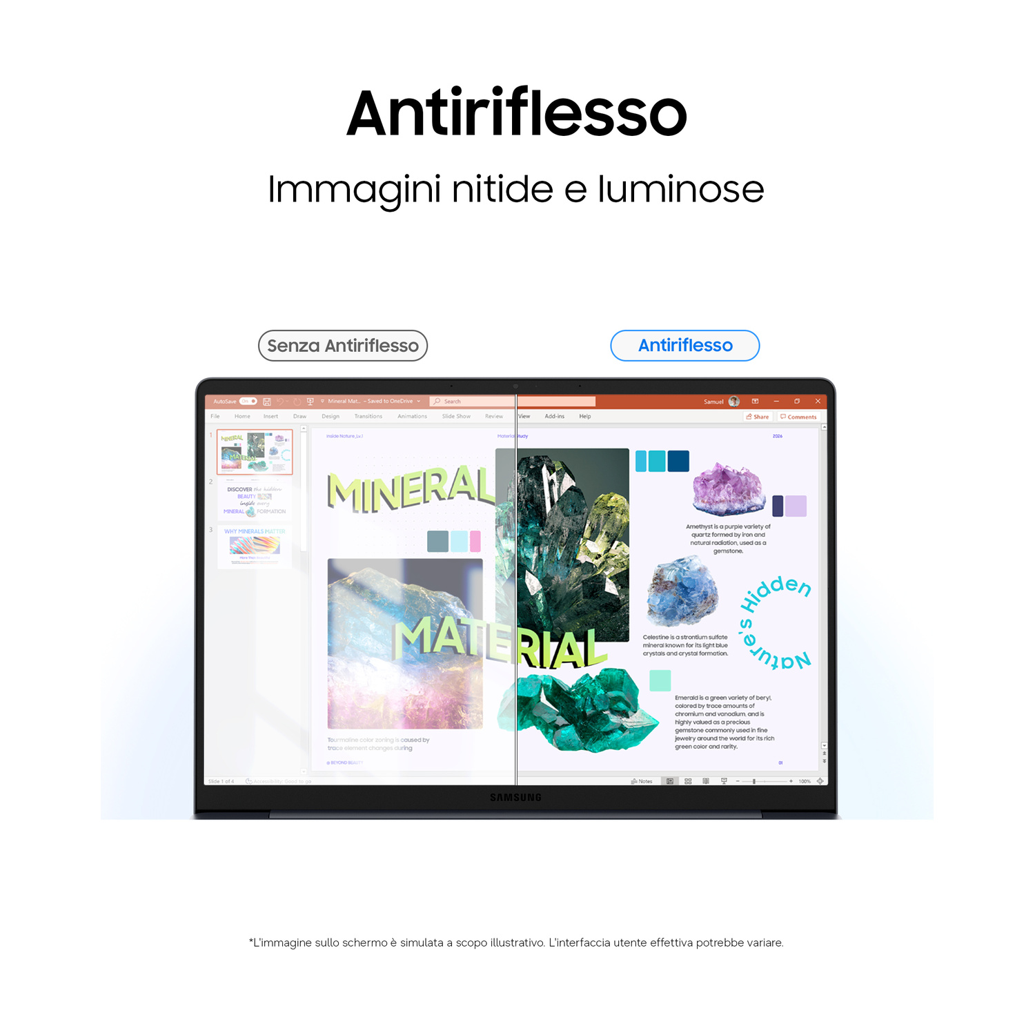 Schermo del laptop che mostra il confronto tra antiriflesso e schermo lucido.