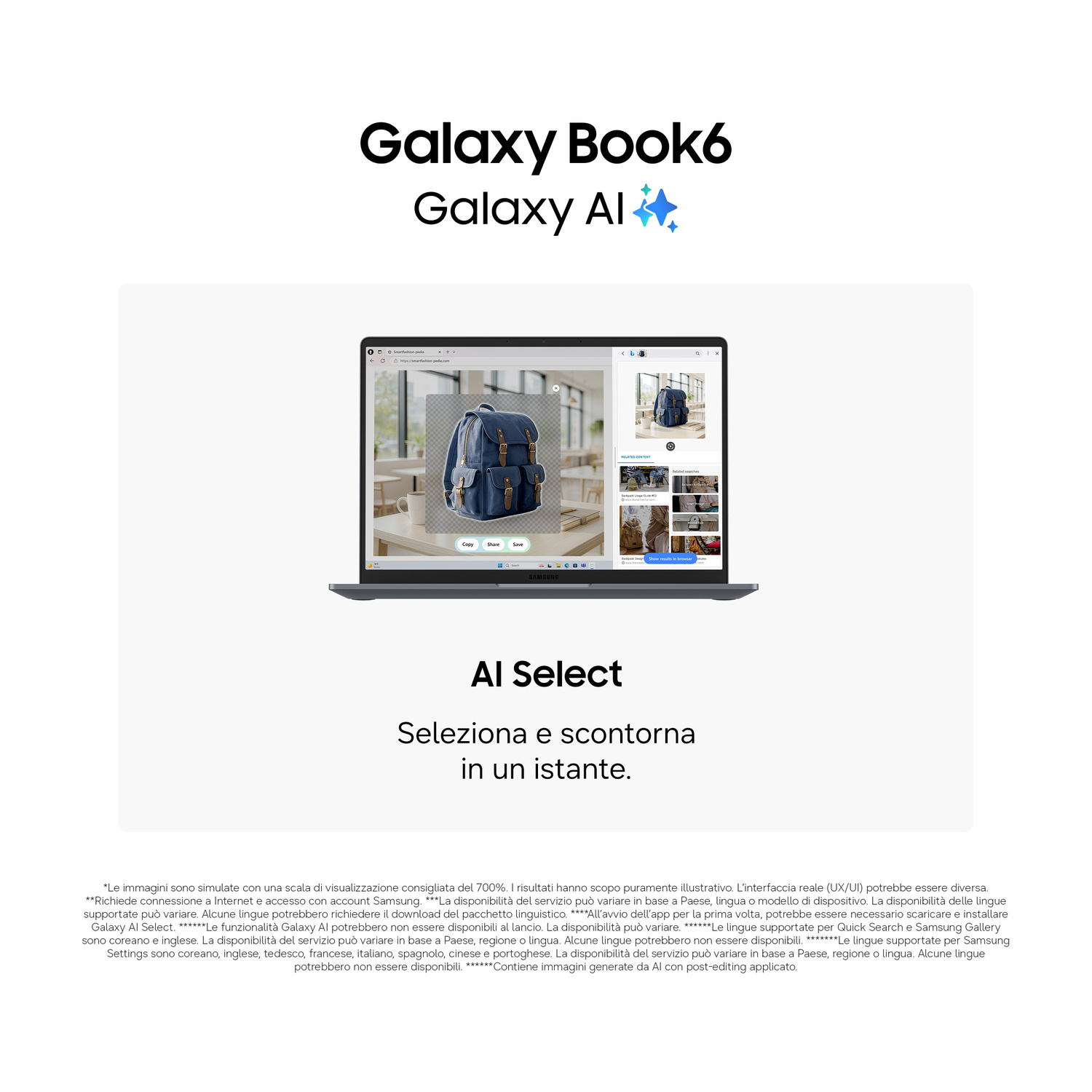 Laptop con Galaxy Book6 AI Select che ritaglia uno zaino blu sullo schermo.