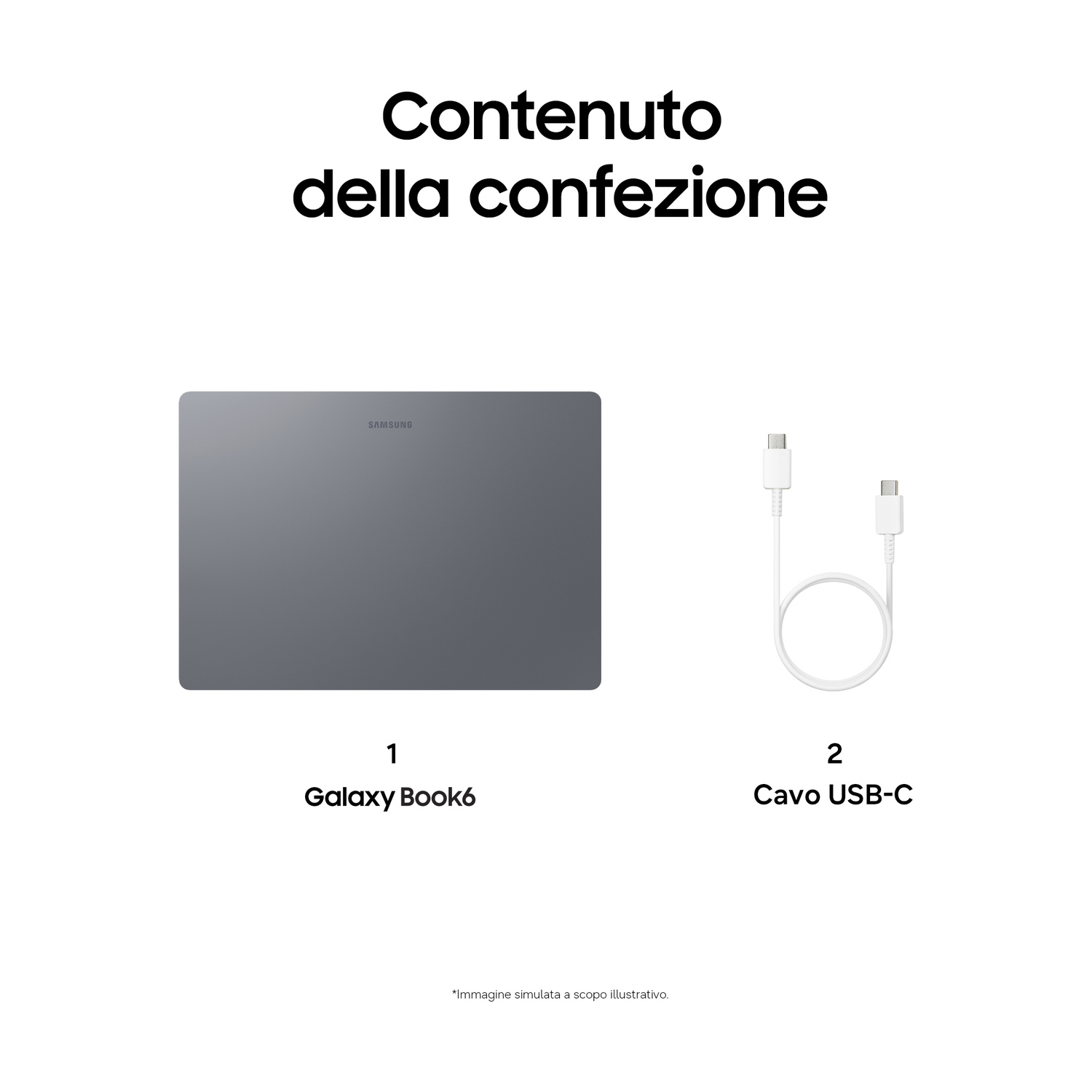 Contenuto della confezione con Galaxy Book6 grigio e cavo USB-C bianco su sfondo chiaro.