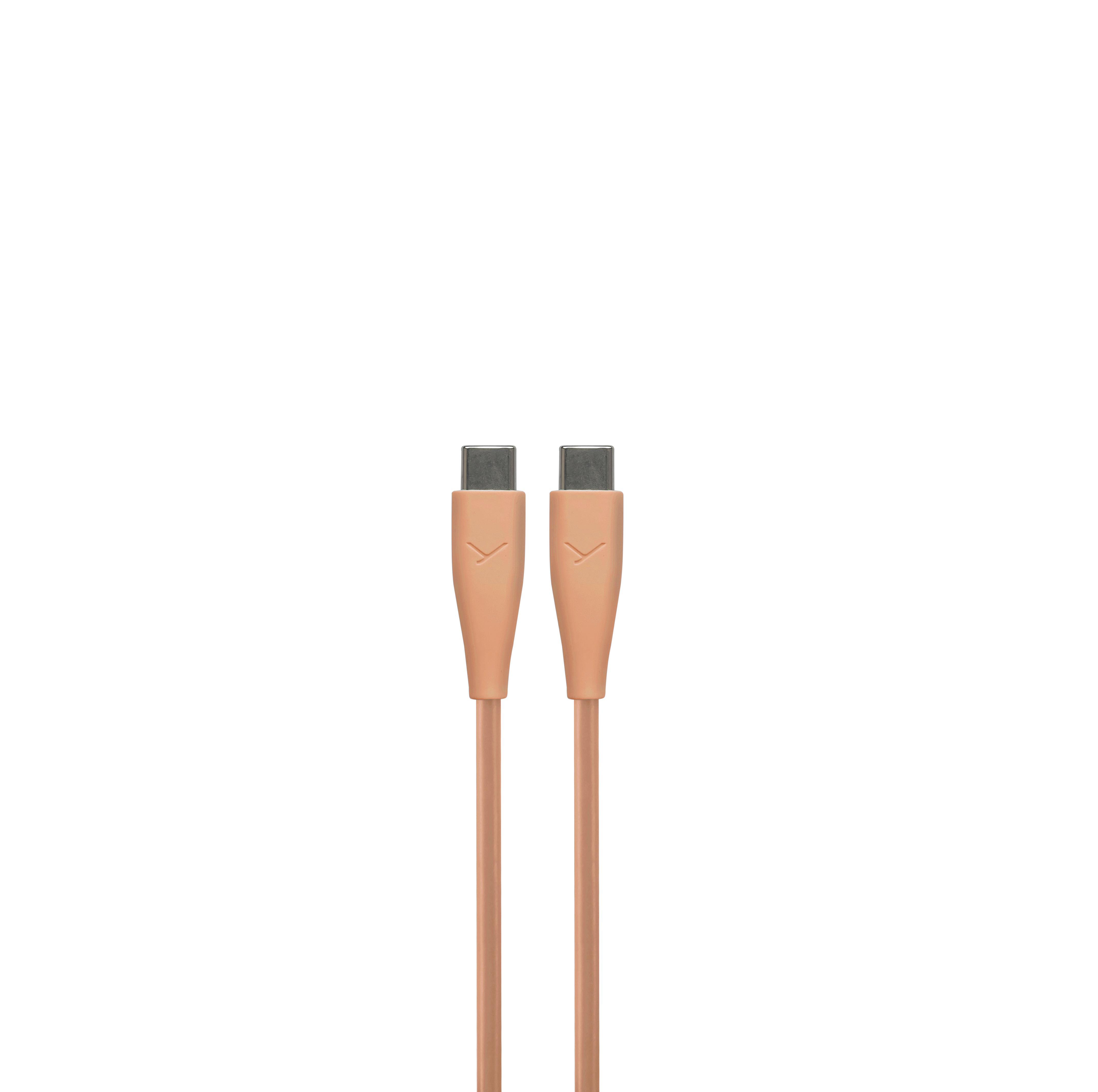 Zwei beige USB-C-Kabelenden mit einem kleinen Markensymbol auf weißem Hintergrund.