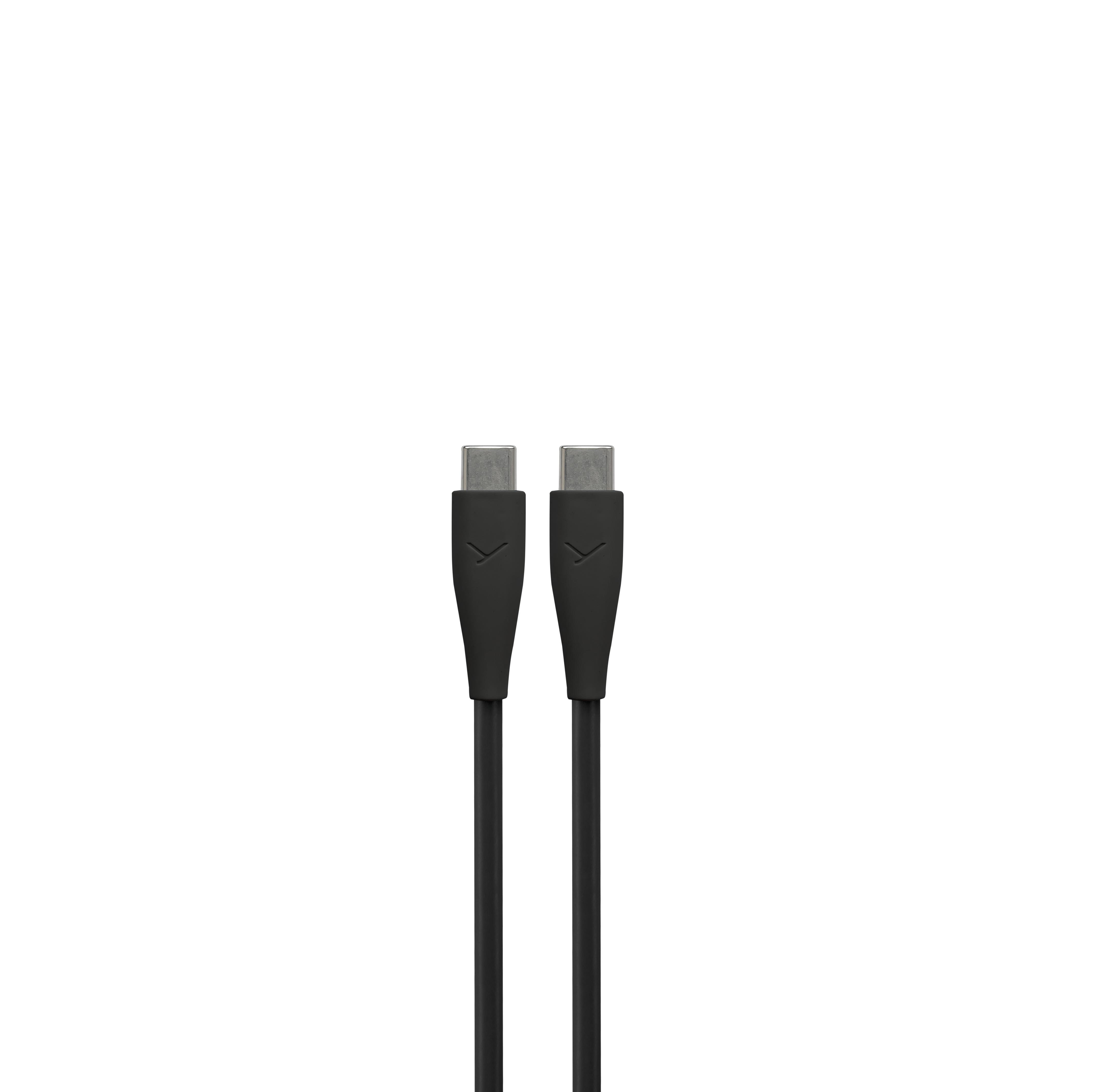 Zwei schwarze USB-C-Kabelenden vor weißem Hintergrund.
