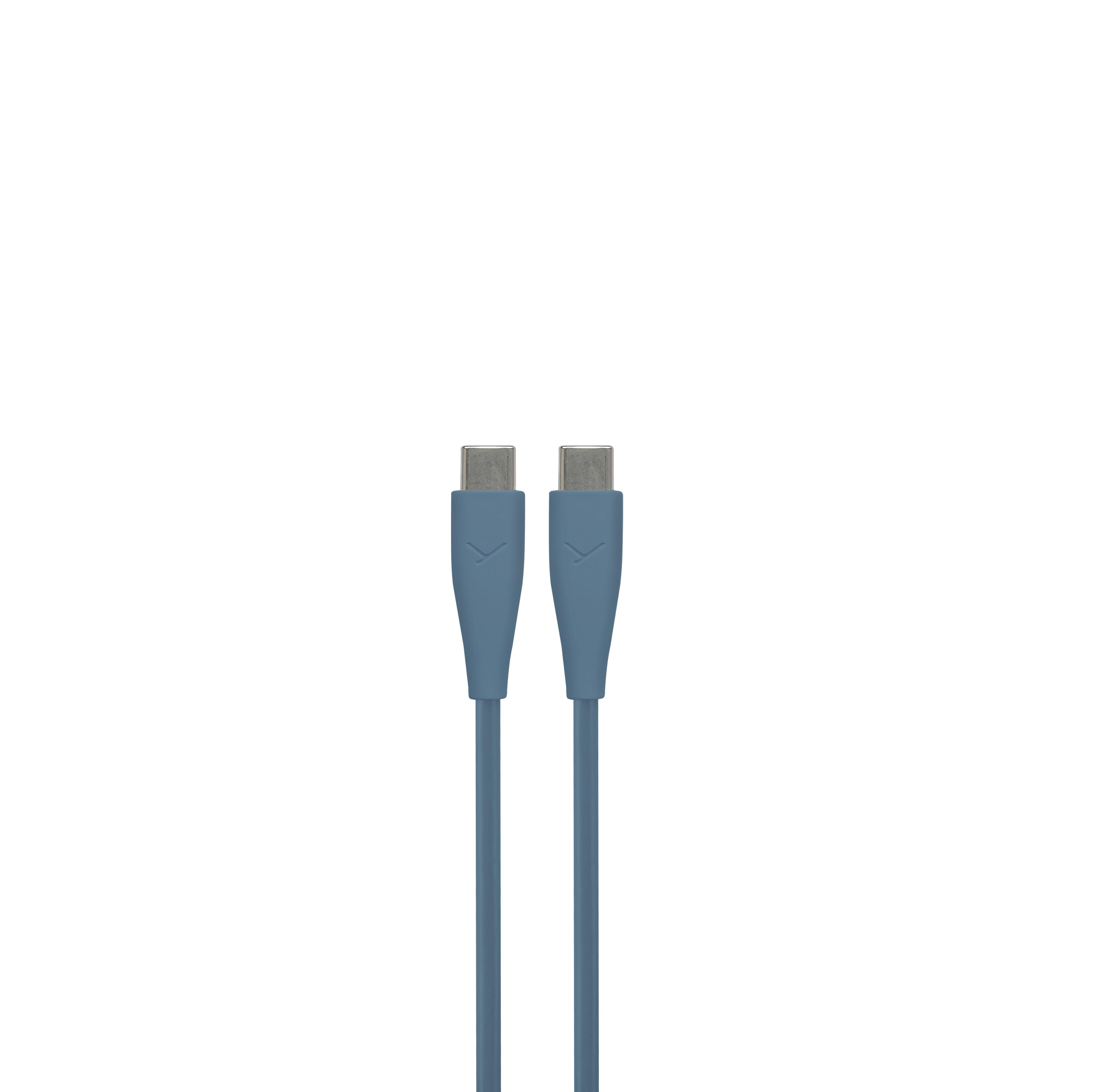 Zwei blaue USB-C-Kabelenden vor weißem Hintergrund.
