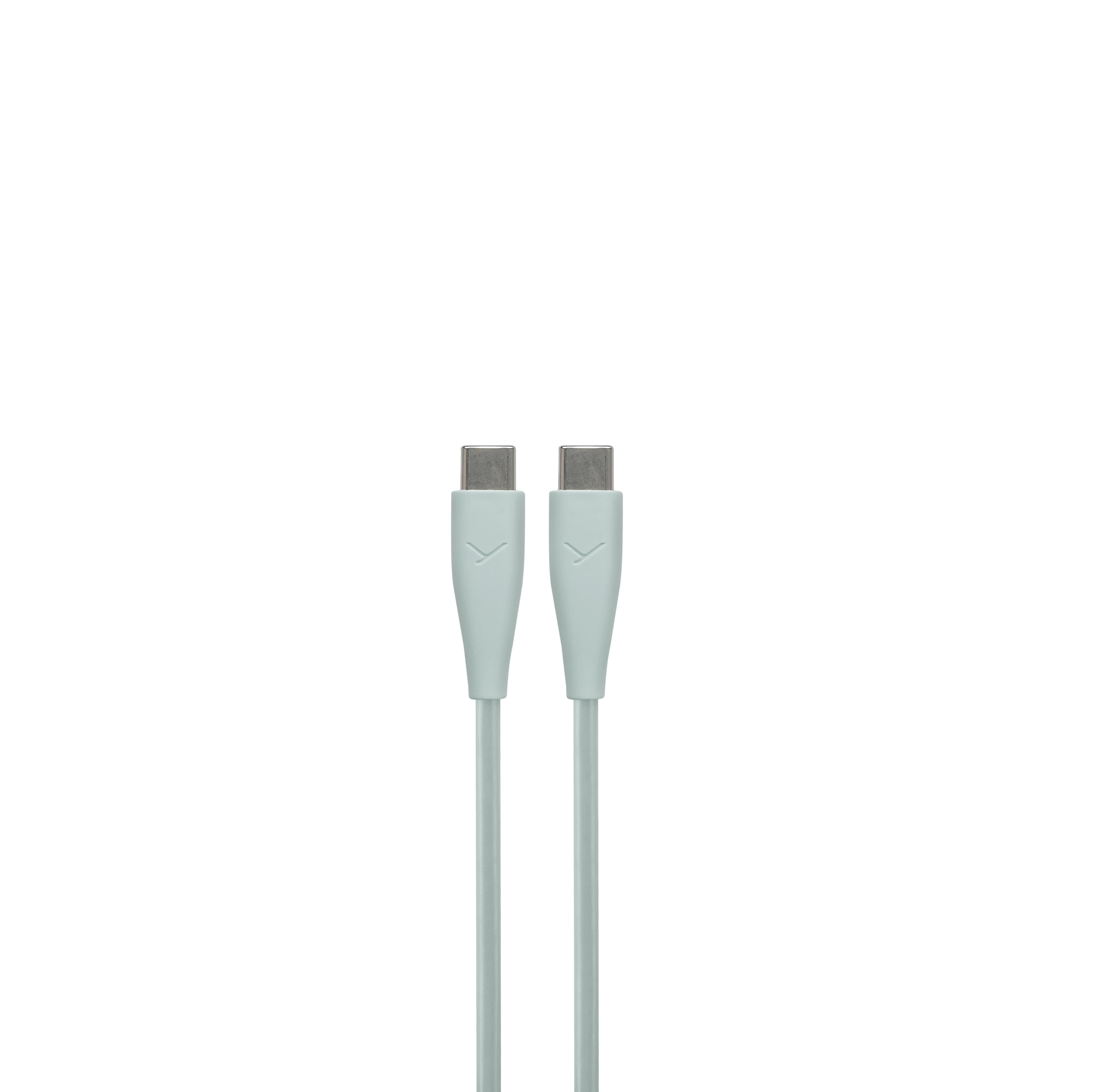 Zwei mintgrüne USB-C-Kabelenden vor einem weißen Hintergrund.