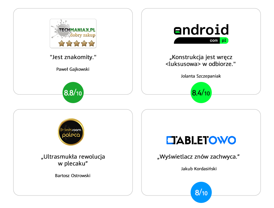 Cztery recenzje produktów z logo, cytatami, nazwiskami i ocenami.