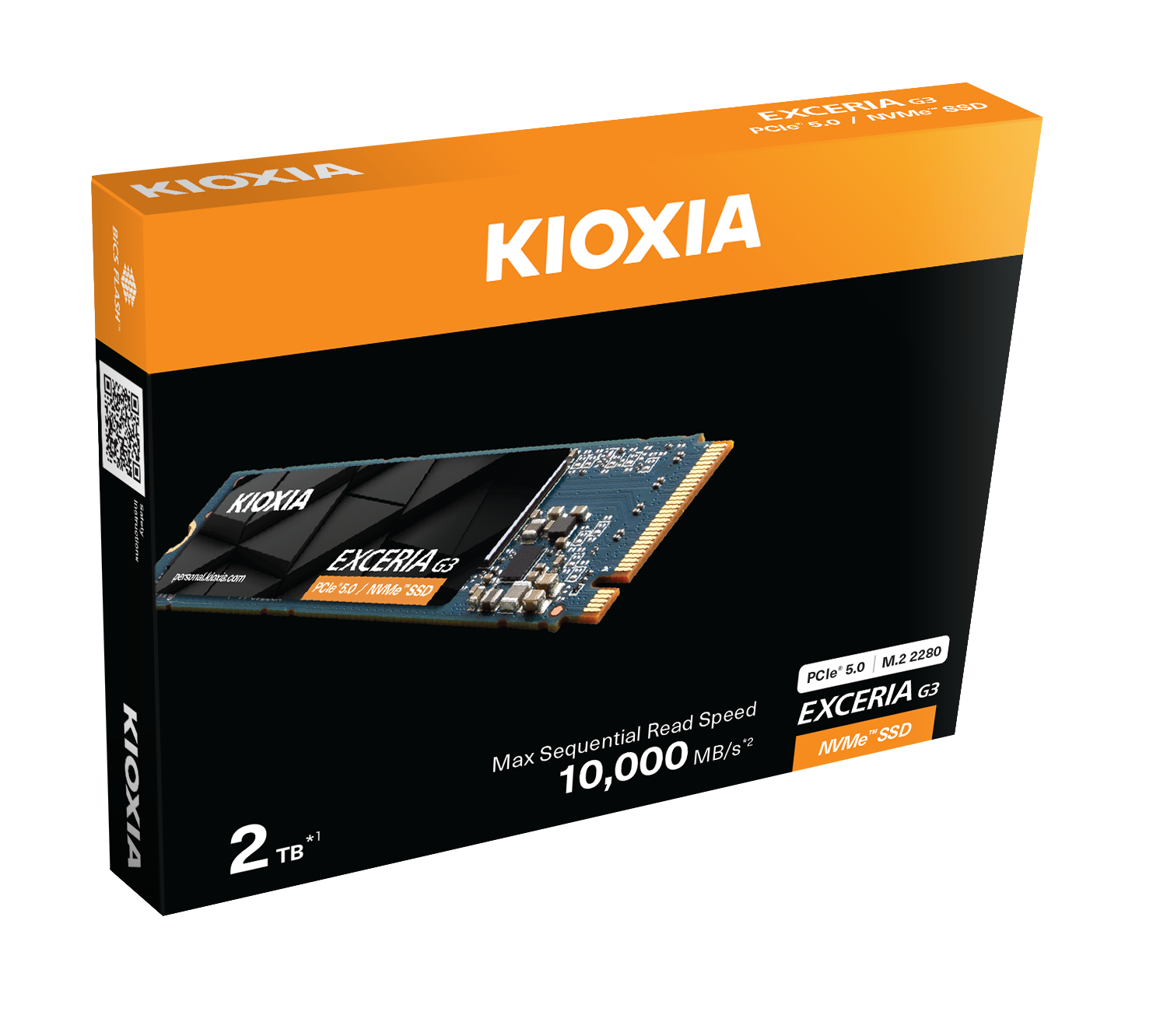 10.000 MB/sn okuma hızına sahip 2 TB Kioxia Exceria G3 PCIe 5.0 NVMe SSD ambalajı.