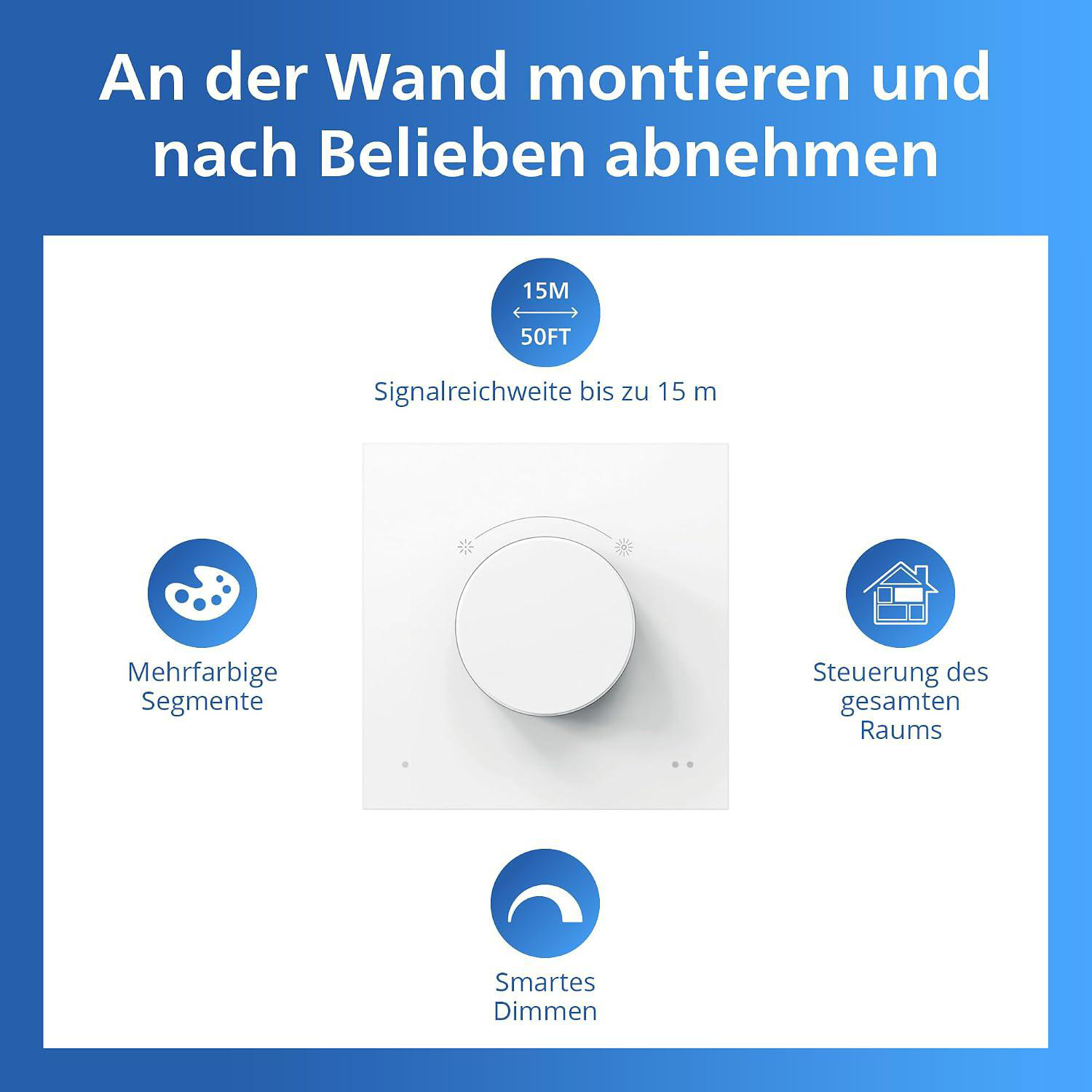 Produktgrafik zeigt einen runden, weißen Smart-Dimmschalter in der Mitte, umgeben von Funktionssymbolen auf blauem Grund.