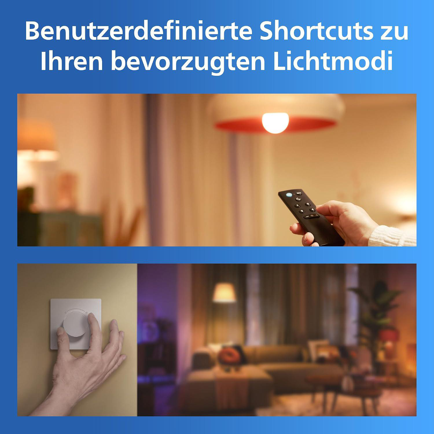 Hand bedient Fernbedienung und Dimmschalter in einem gemütlichen Raum.