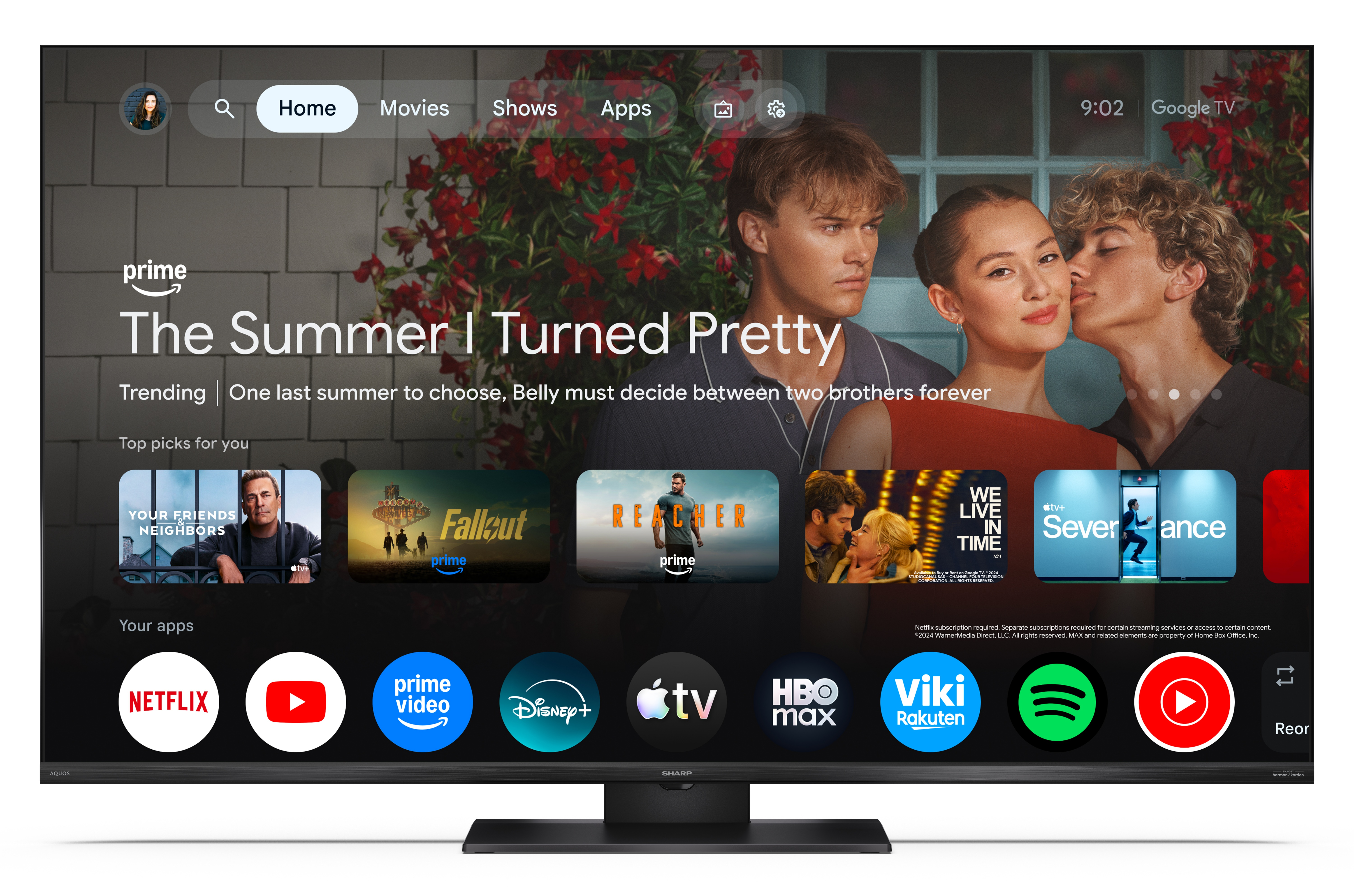 Ekran Google TV z stroną główną Prime Video i banerem 'The Summer I Turned Pretty'.