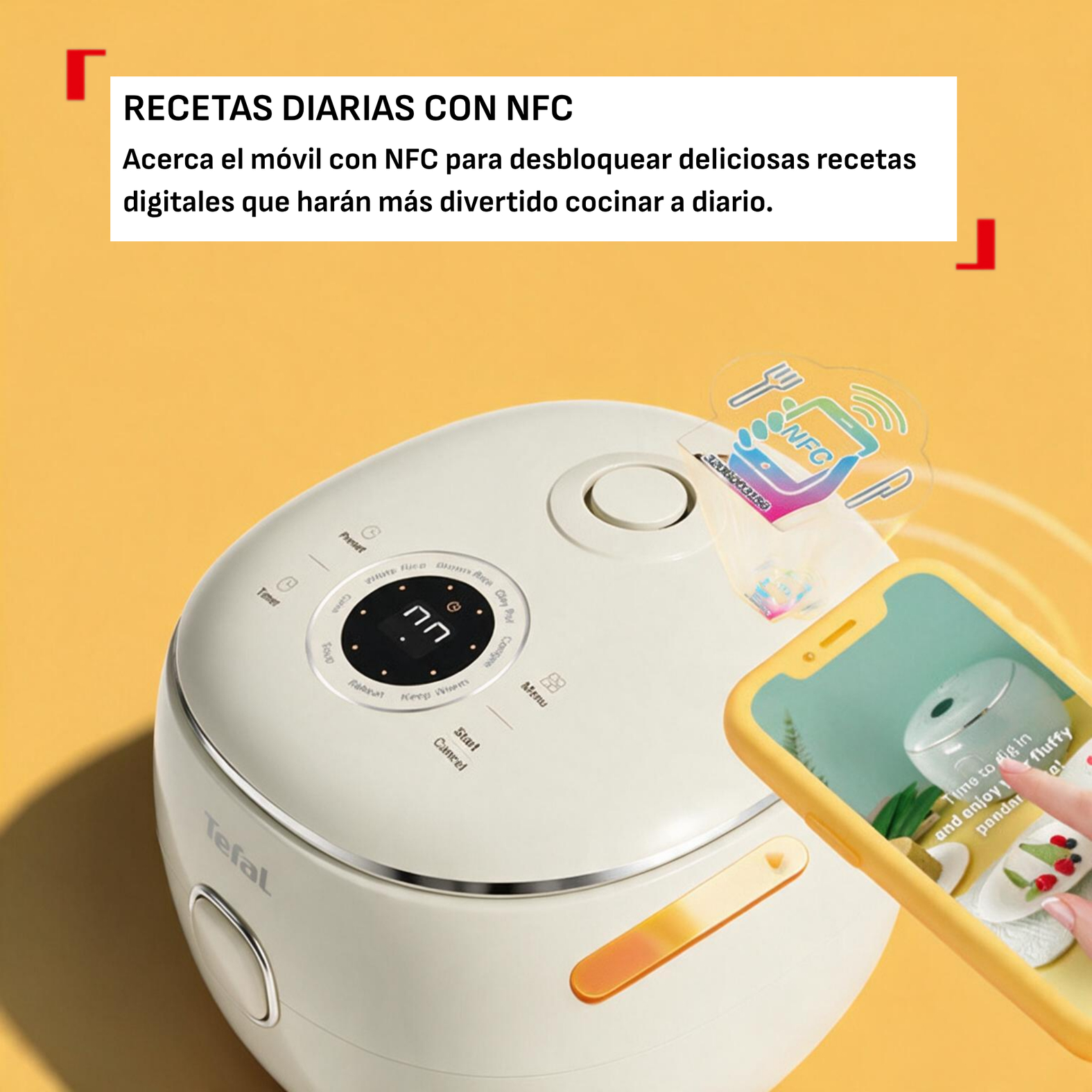 Una arrocera Tefal blanca se conecta a un teléfono inteligente mediante NFC para abrir recetas.