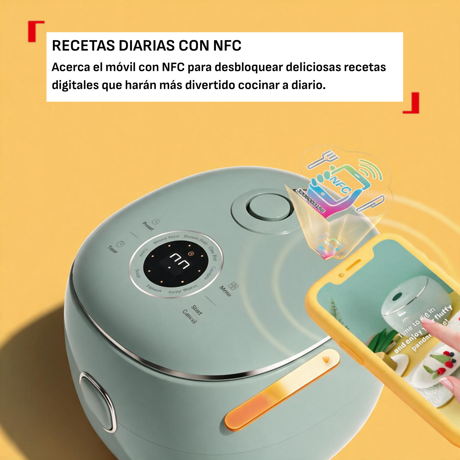 Una arrocera verde claro conectada a un smartphone mediante NFC para recetas digitales.