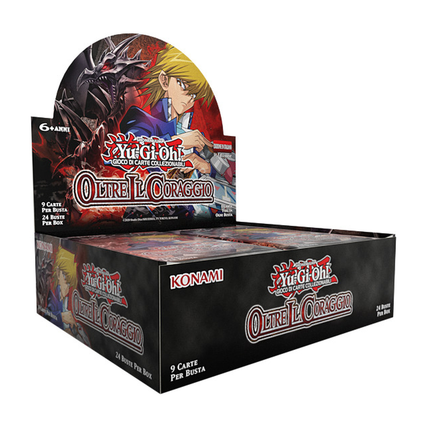 Un box di bustine Yu-Gi-Oh! Oltre il Coraggio con Joey Wheeler e un drago.