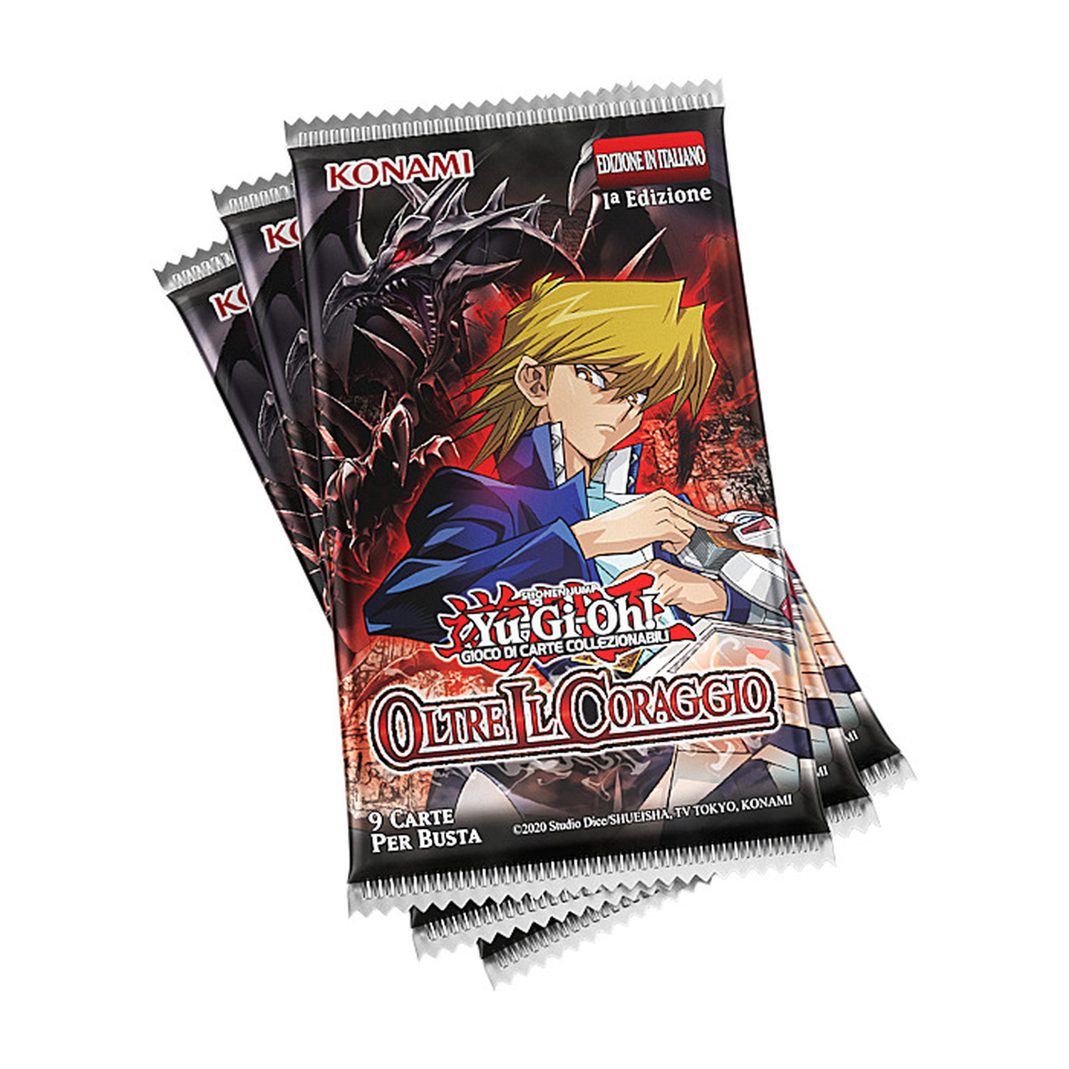 Tre bustine di espansione italiane Yu-Gi-Oh! Oltre il Coraggio con Joey Wheeler e un drago.