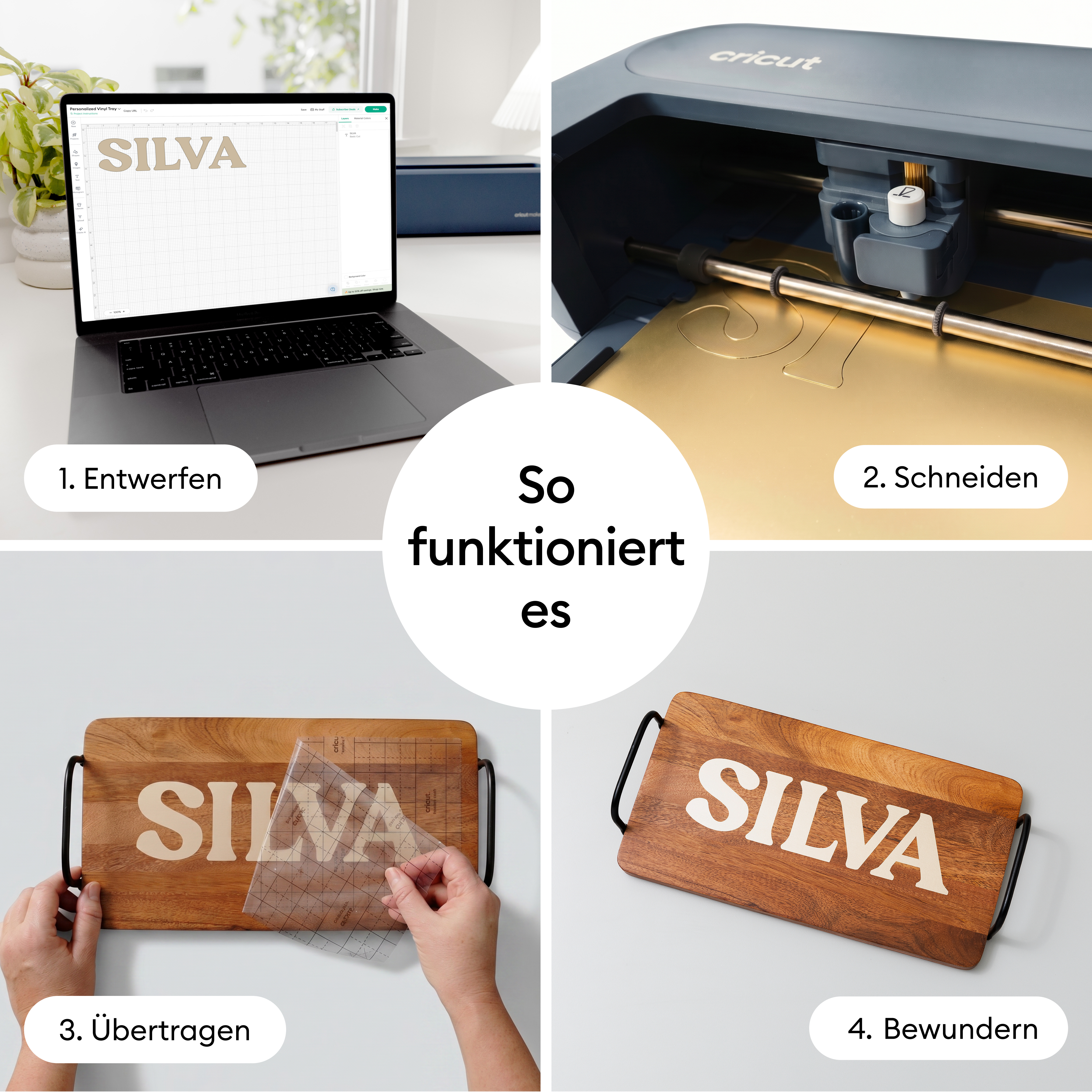 Vier Schritte: Design am Laptop, Vinyl schneiden, auf Tablett übertragen und das fertige Produkt bewundern.