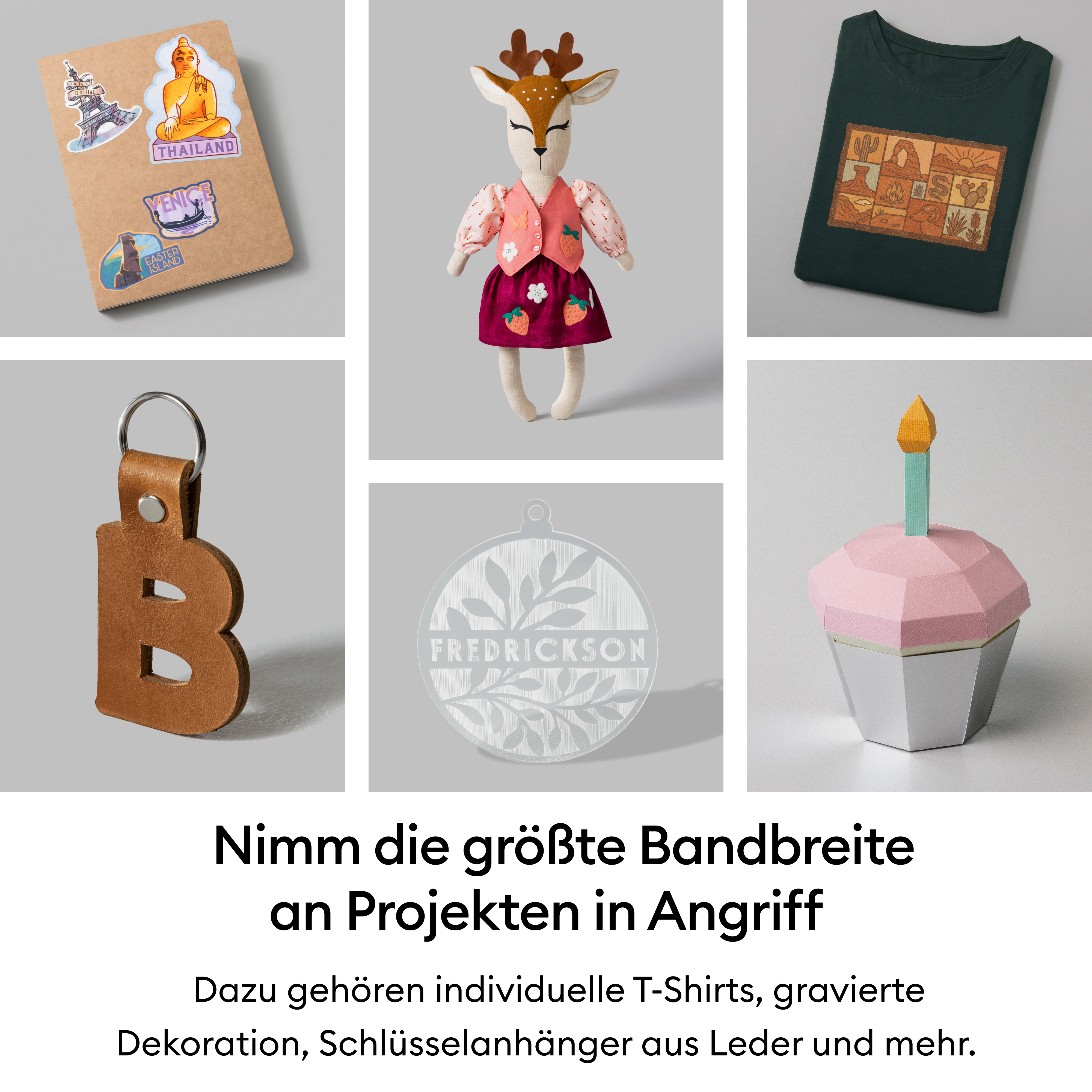 Eine Collage zeigt Bastelarbeiten wie ein Sticker-Notizbuch, Reh-Plüsch, T-Shirt, Leder-Schlüsselanhänger und Cupcake.