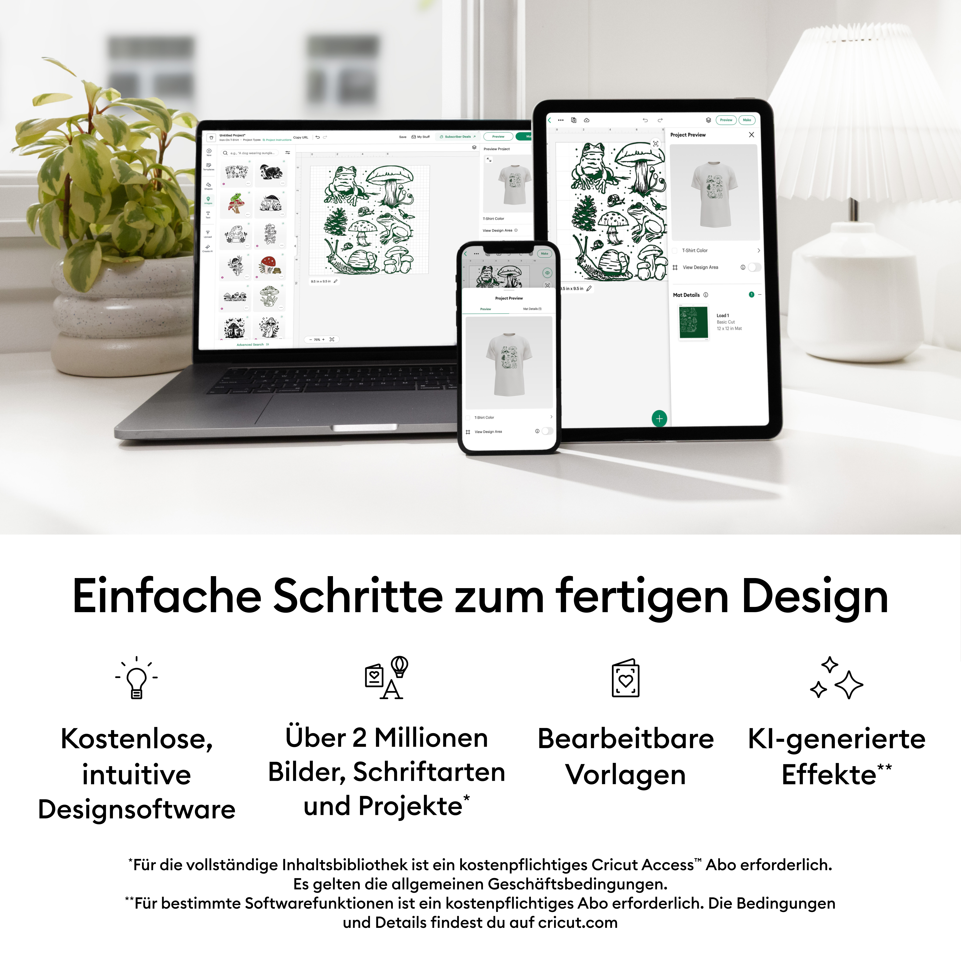 Laptop, Tablet und Handy mit Cricut Design-Software auf einem Schreibtisch.