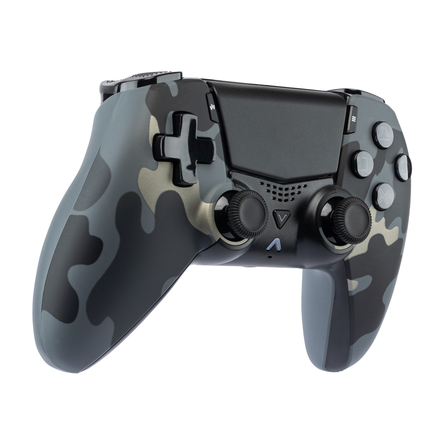 Un controller di gioco con mimetica grigia e nera, dotato di joystick, pulsanti e touchpad su sfondo bianco.
