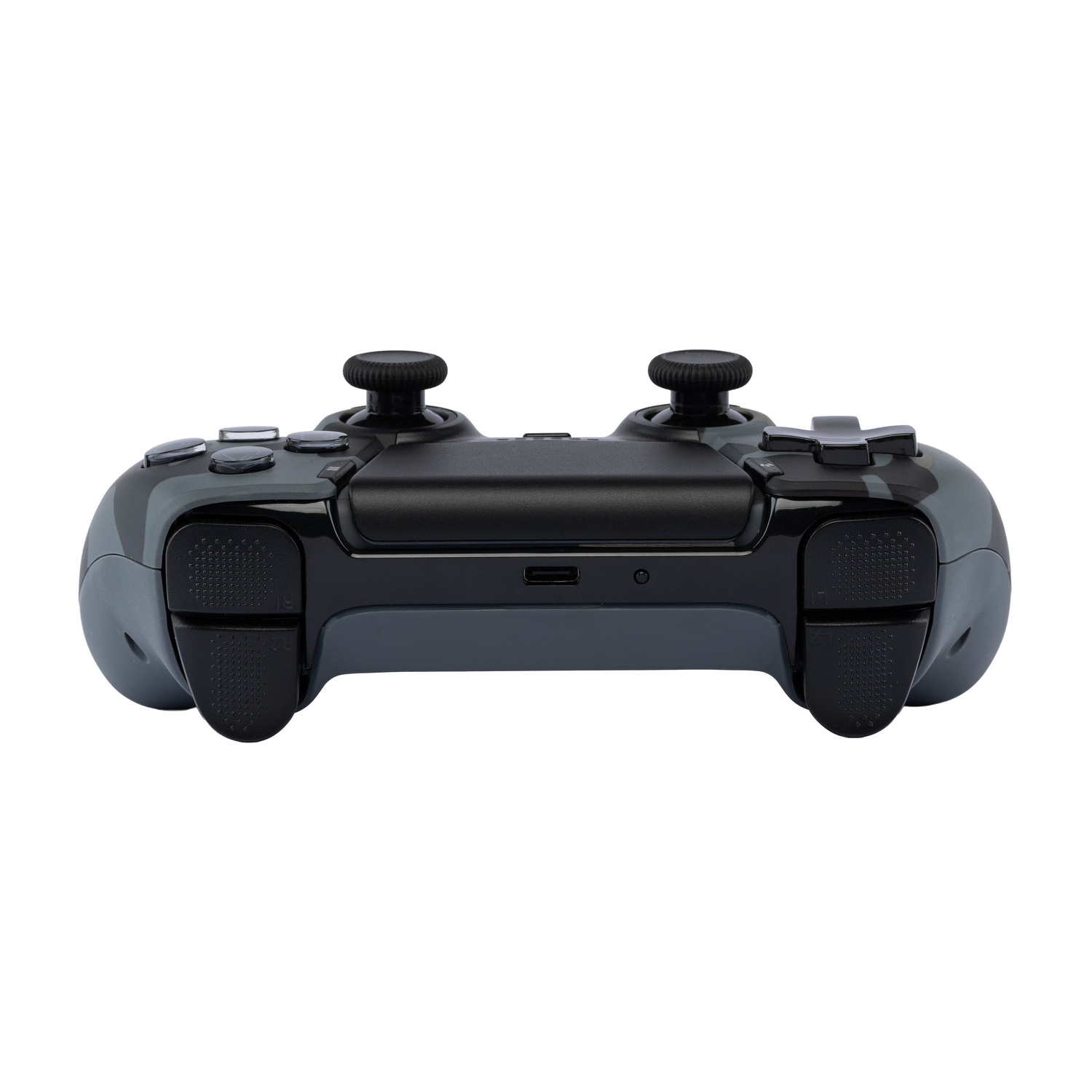 Controller per videogiochi grigio e nero con due joystick, pulsanti e una porta USB-C.