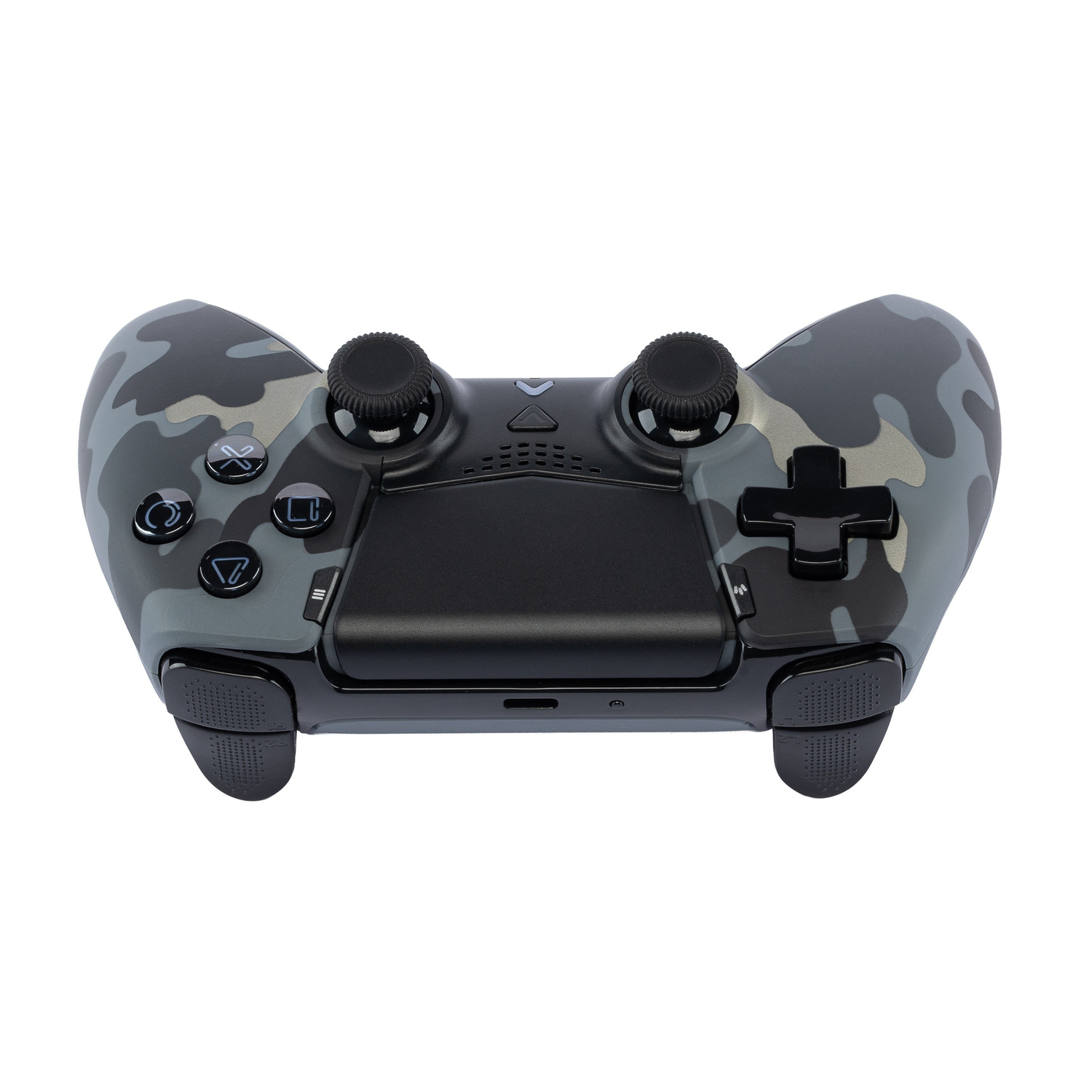 Un controller di gioco grigio mimetico con pulsanti neri, due joystick e una croce direzionale.
