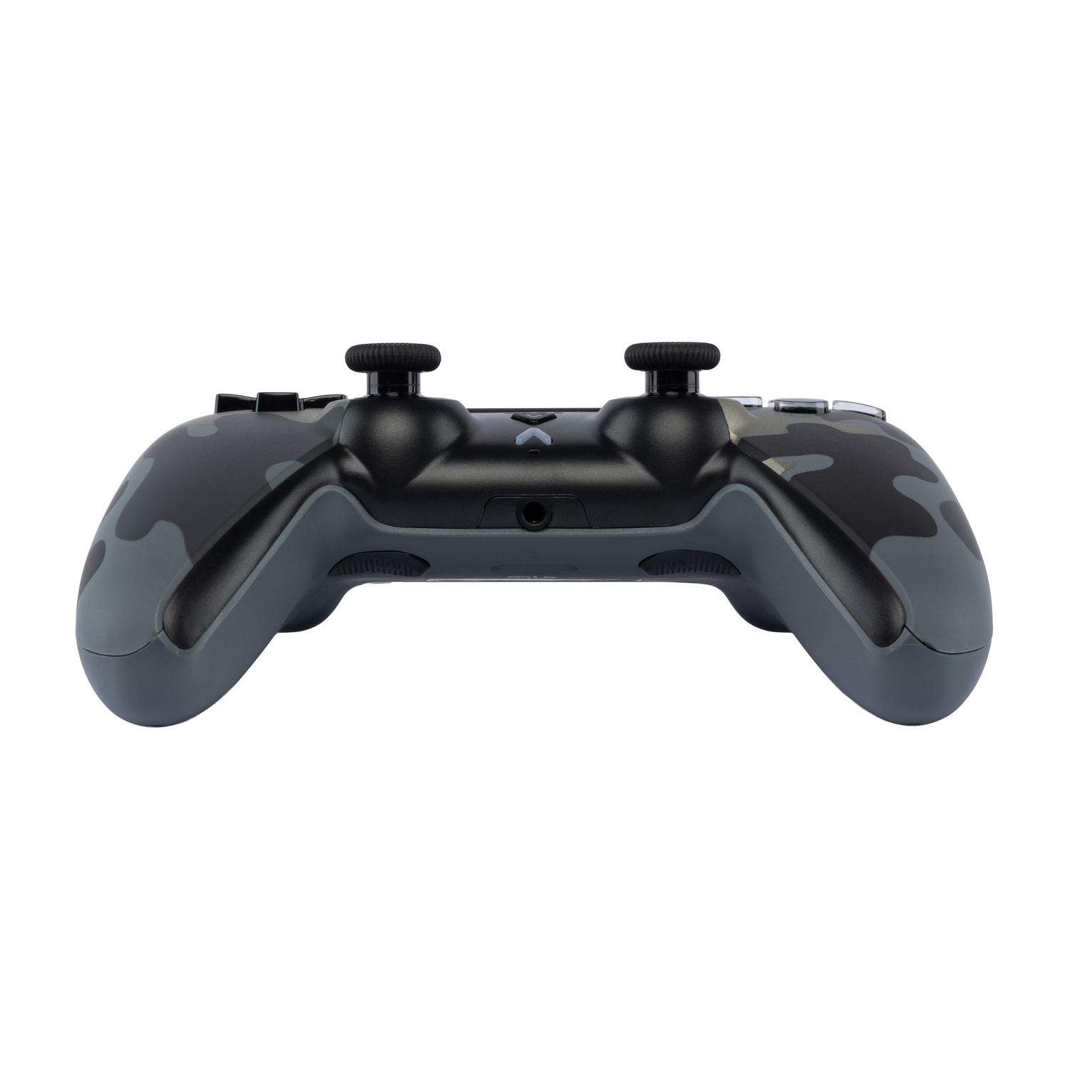 Vista posteriore di un controller per videogiochi mimetico grigio su sfondo bianco, con joystick e pulsanti.