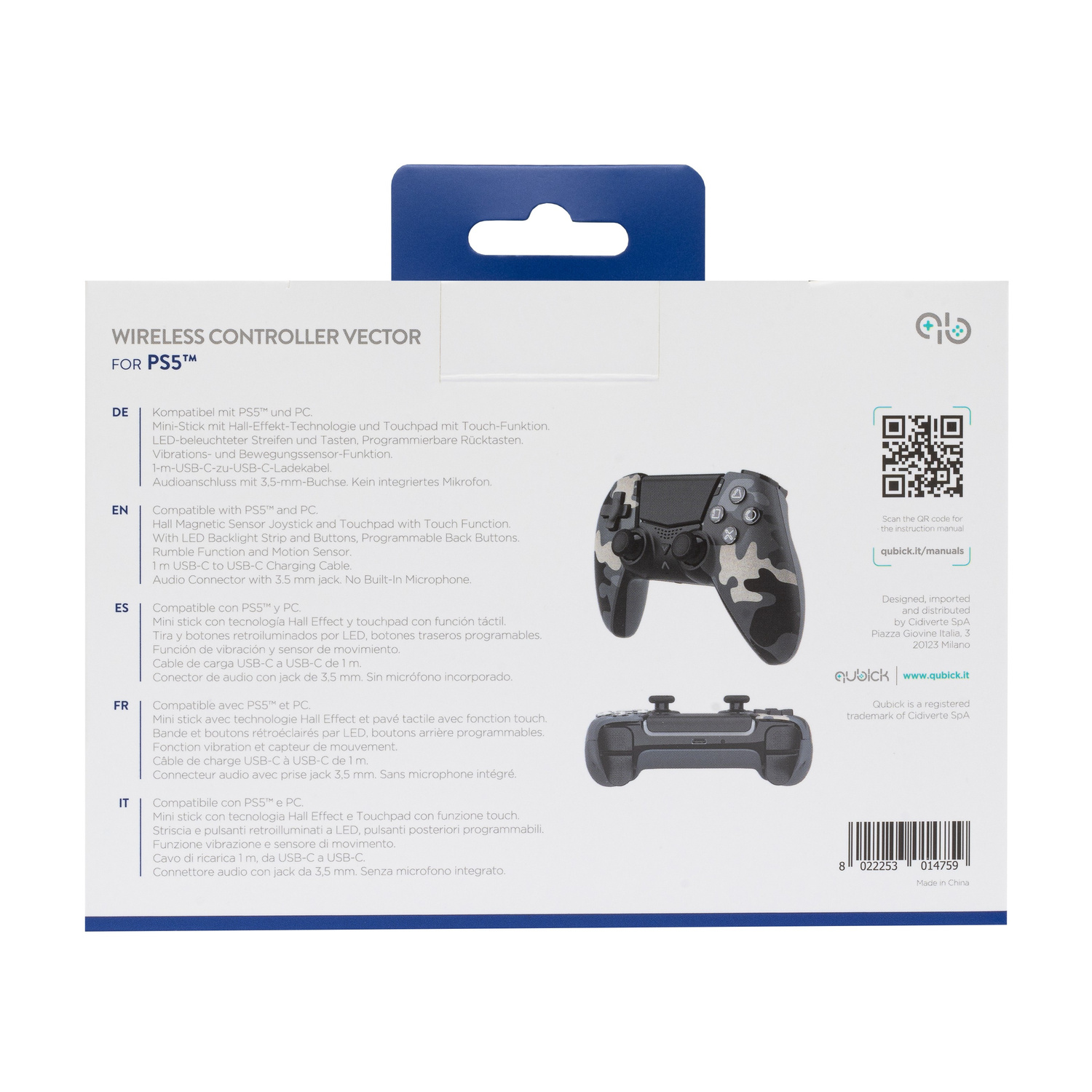 Retro della confezione di un controller wireless mimetico grigio per PS5, con testo multilingue e immagini.