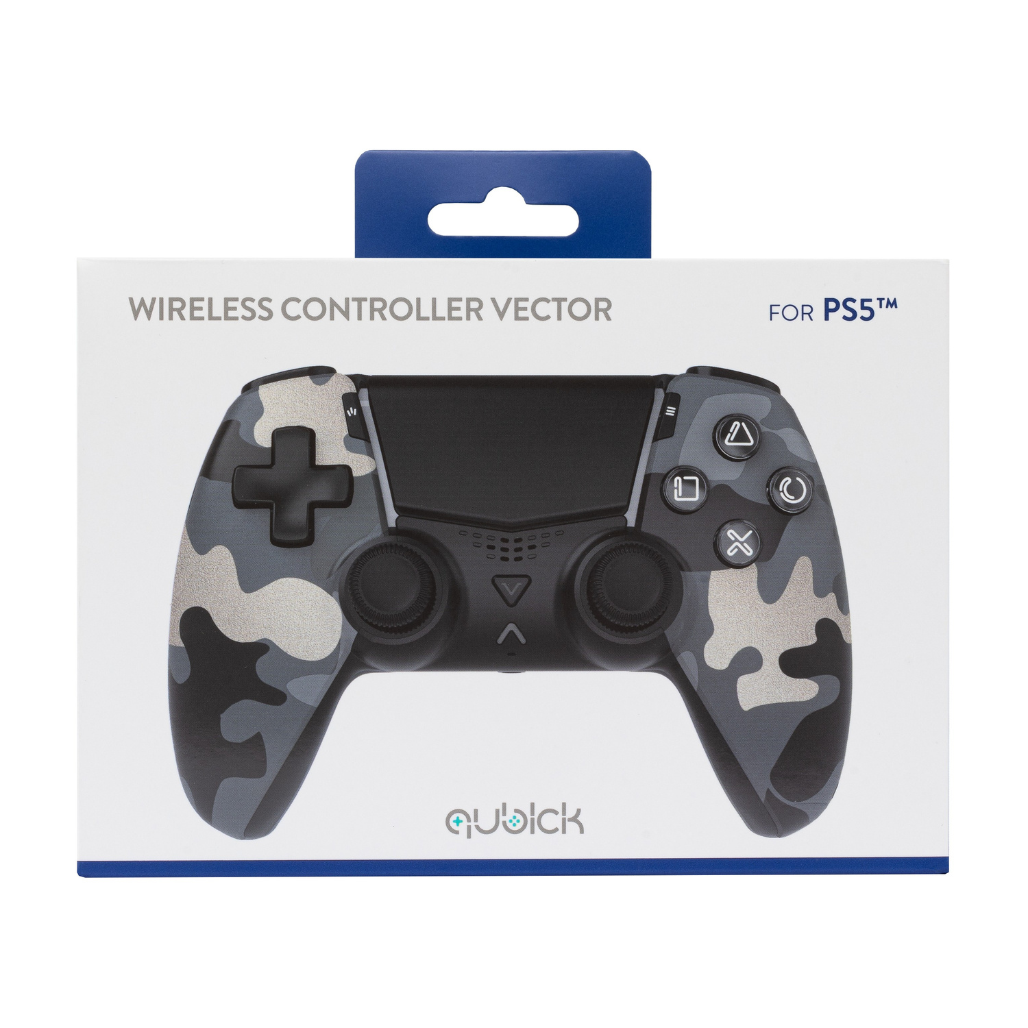 Una scatola bianca con un controller wireless mimetico grigio per PS5, con joystick e pulsanti neri.