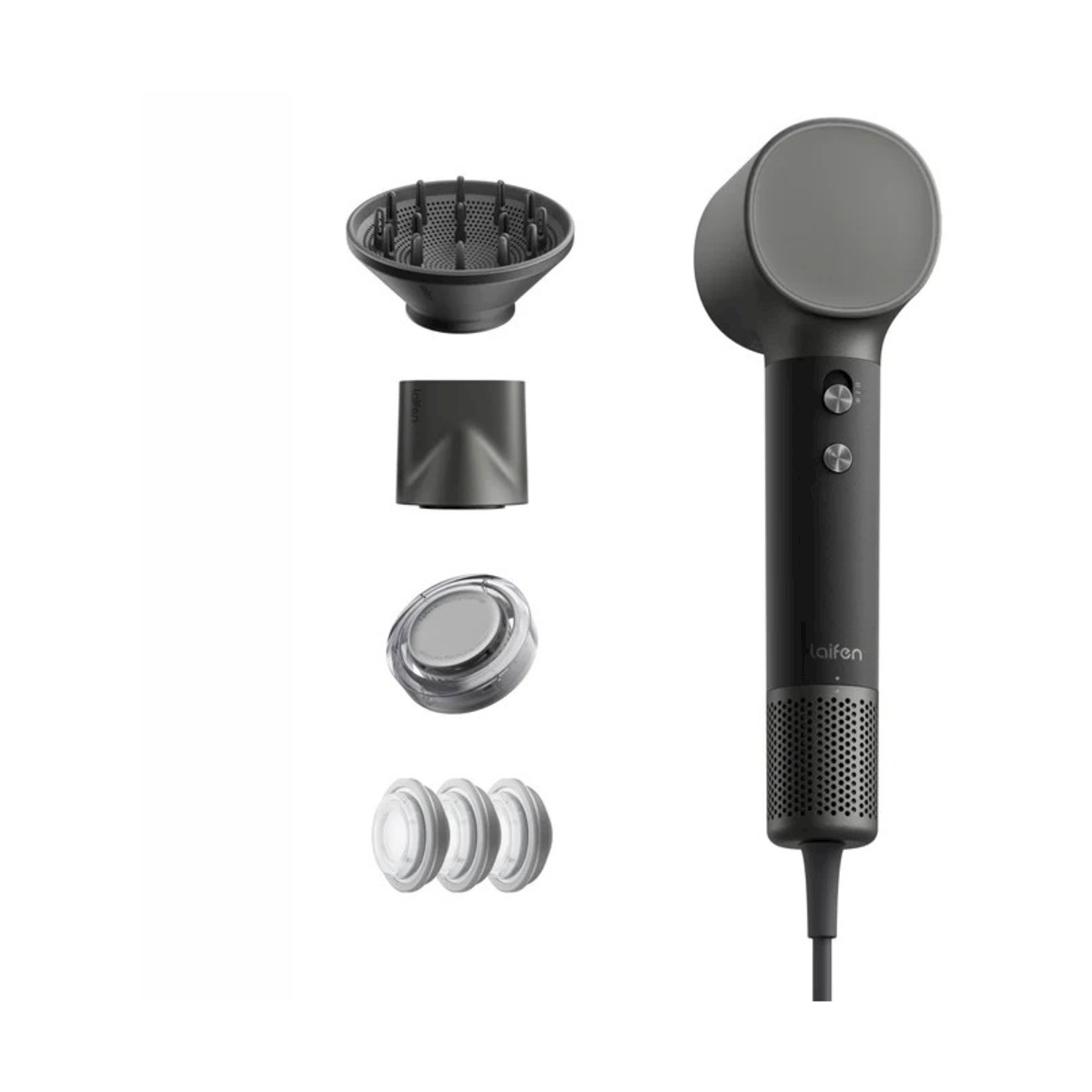 Asciugacapelli grigio scuro con quattro diversi accessori su sfondo bianco.