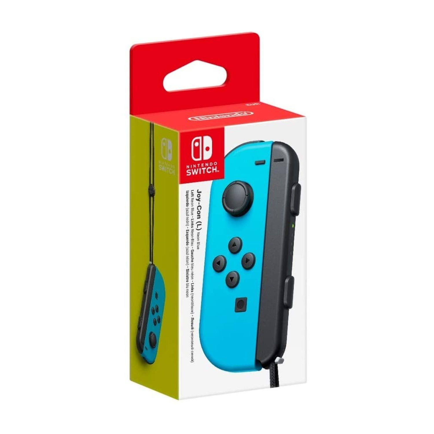 Confezione del Nintendo Switch Joy-Con (L) in blu neon con impugnatura nera e laccetto.