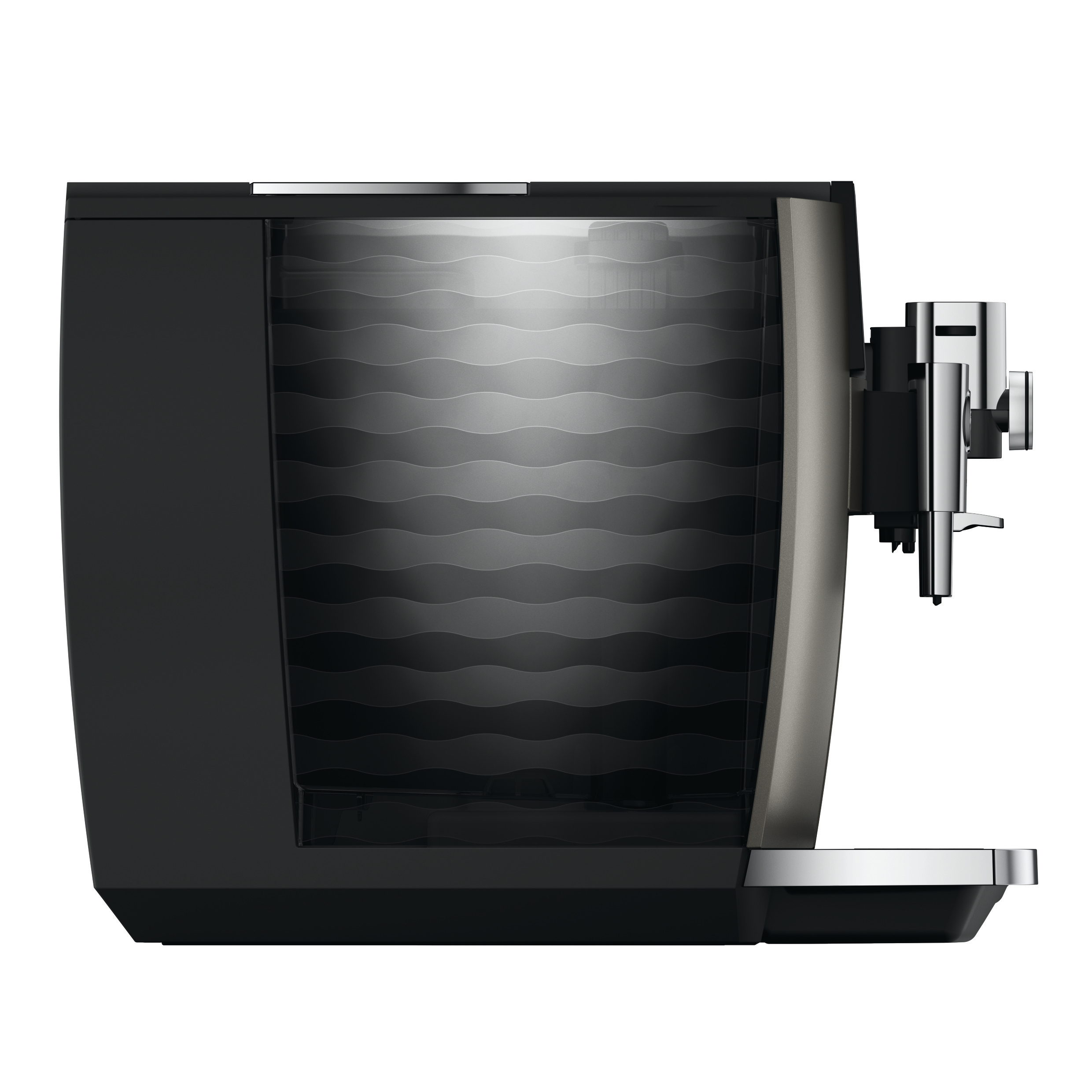Moderne schwarze Kaffeemaschine mit beleuchtetem Wassertank und Edelstahl-Auswurf in der Seitenansicht.