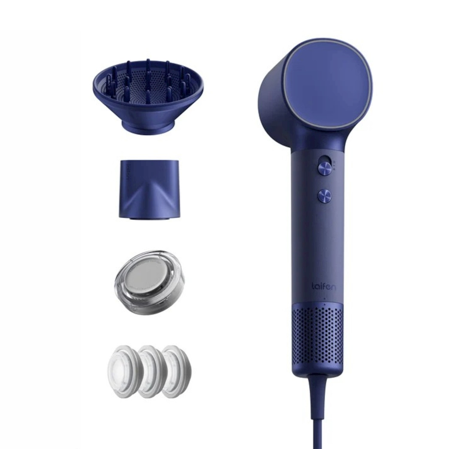 Un asciugacapelli Laifen blu con accessori su sfondo bianco.