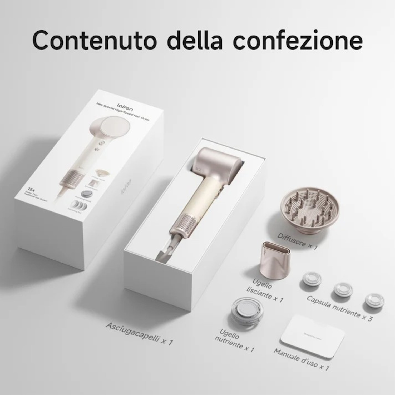 Asciugacapelli con accessori come diffusore, ugelli, capsule e manuale nella confezione.