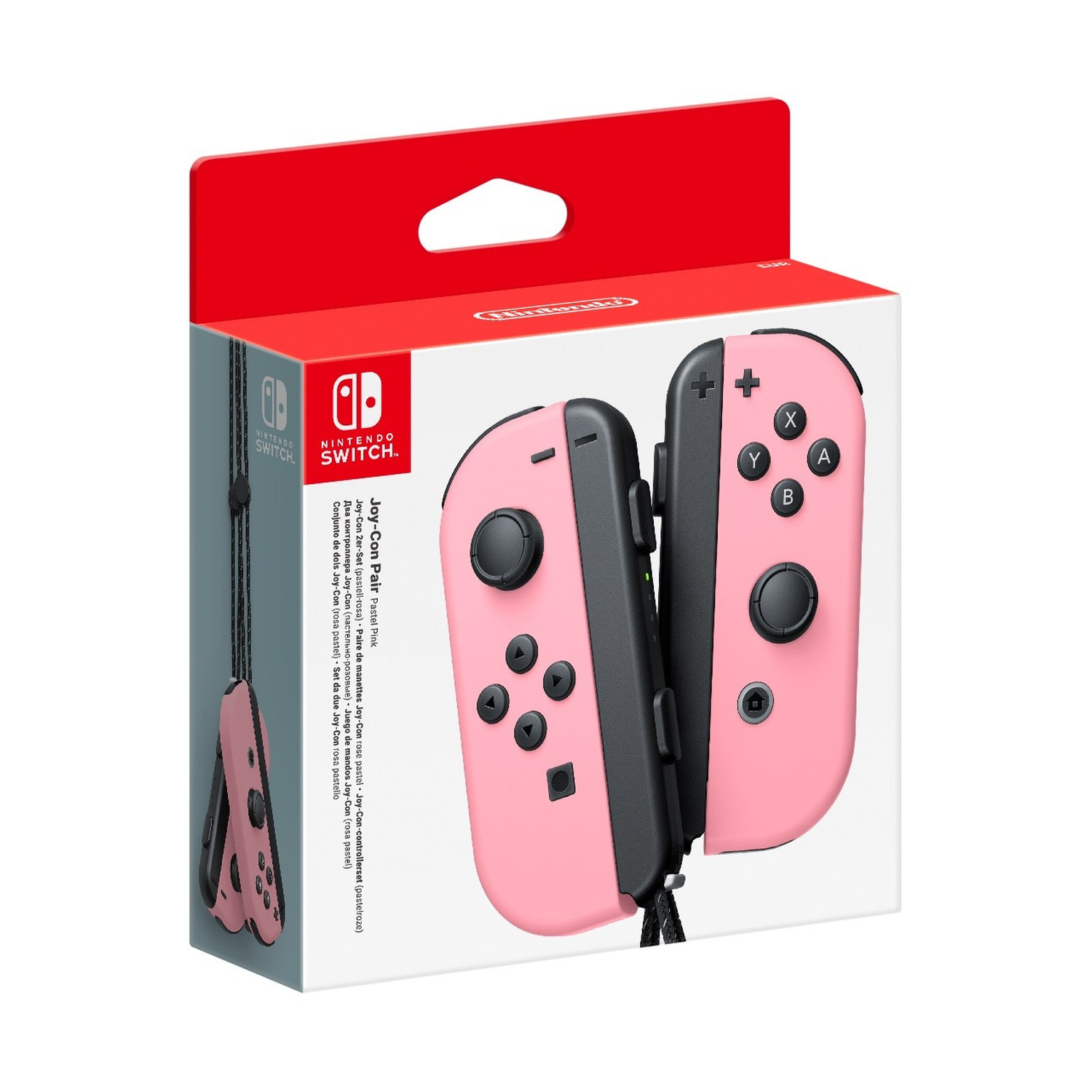 Controller Joy-Con rosa pastello per Nintendo Switch in una confezione rossa e bianca.