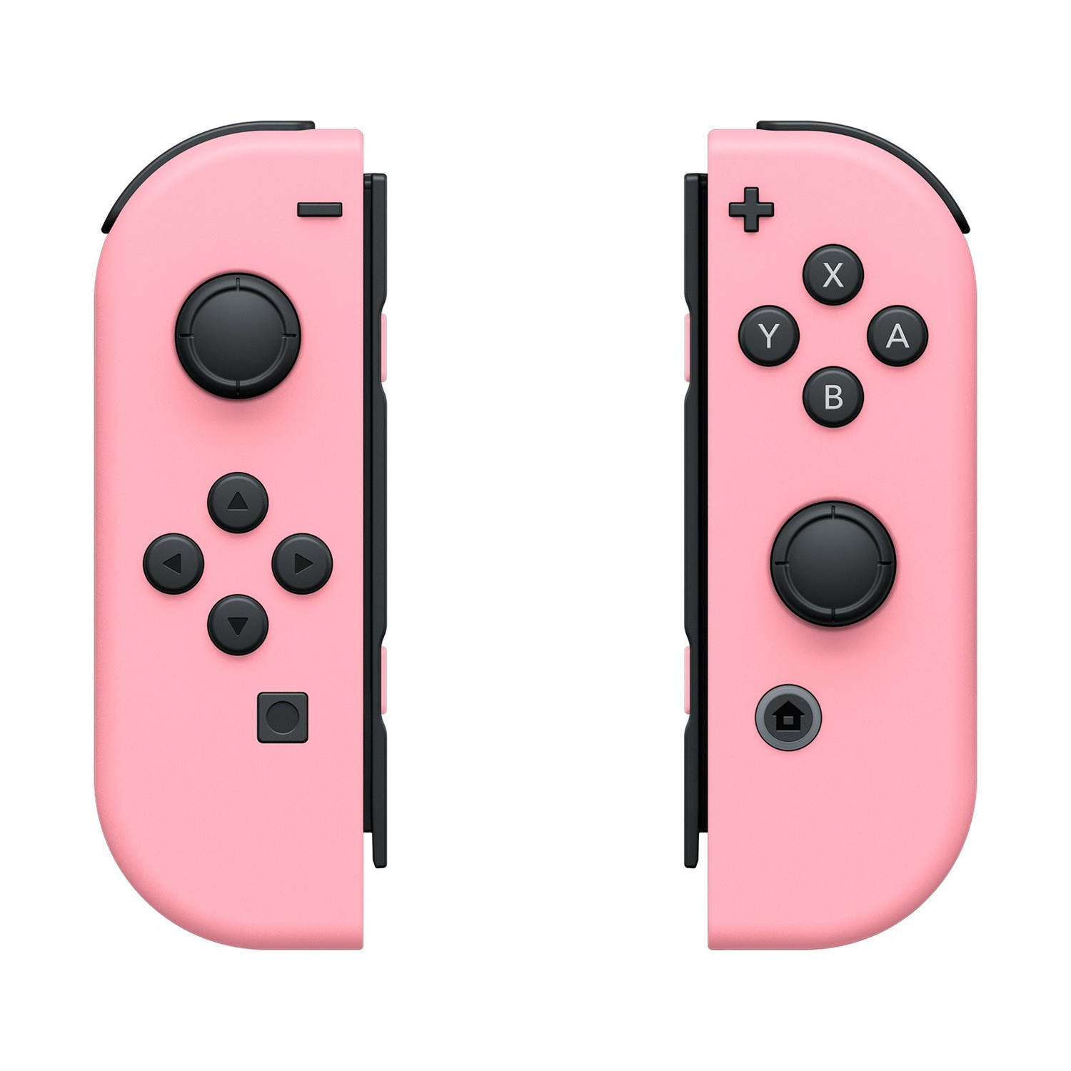 Due controller per videogiochi rosa con pulsanti e joystick neri su sfondo bianco.