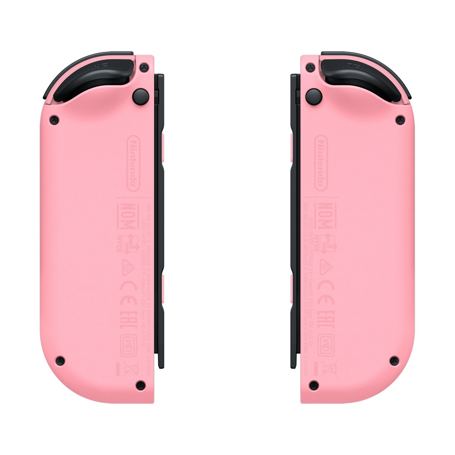 Vista frontale di due controller Joy-Con per Nintendo Switch rosa su uno sfondo bianco.