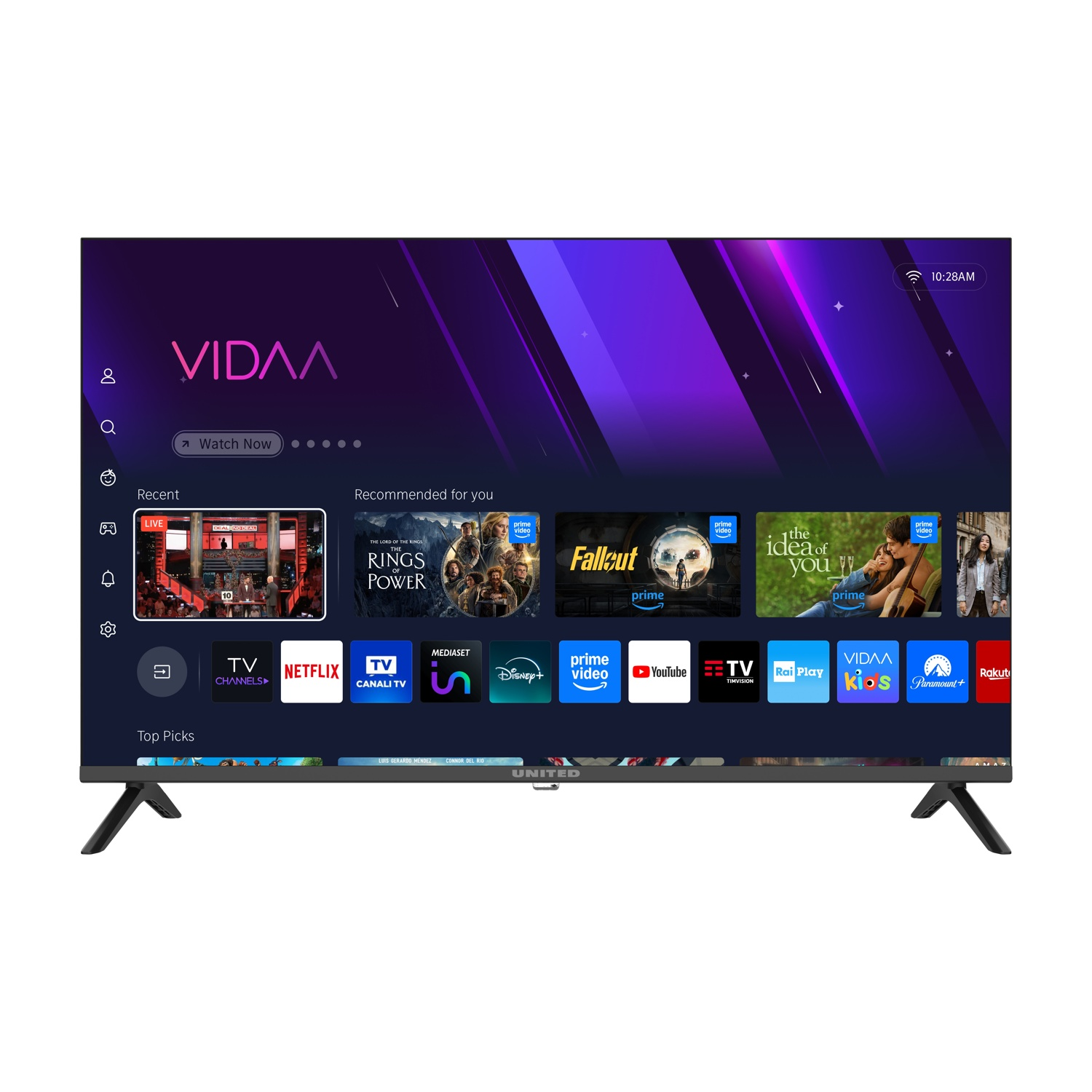 Una smart TV mostra l'interfaccia utente VIDAA con varie icone di app di streaming e consigli sullo schermo.