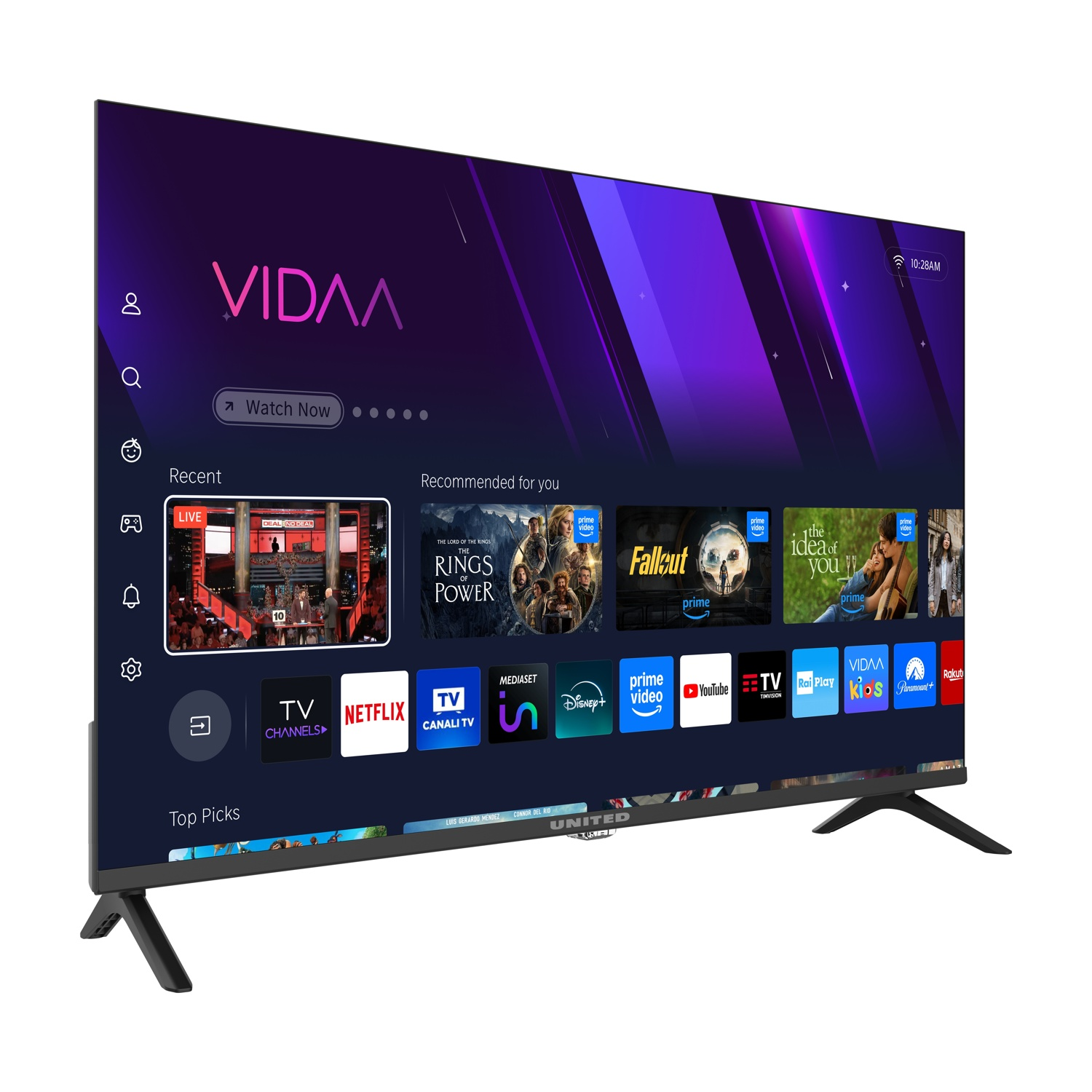 Smart TV moderno che mostra l'interfaccia VIDAA con icone di app di streaming.