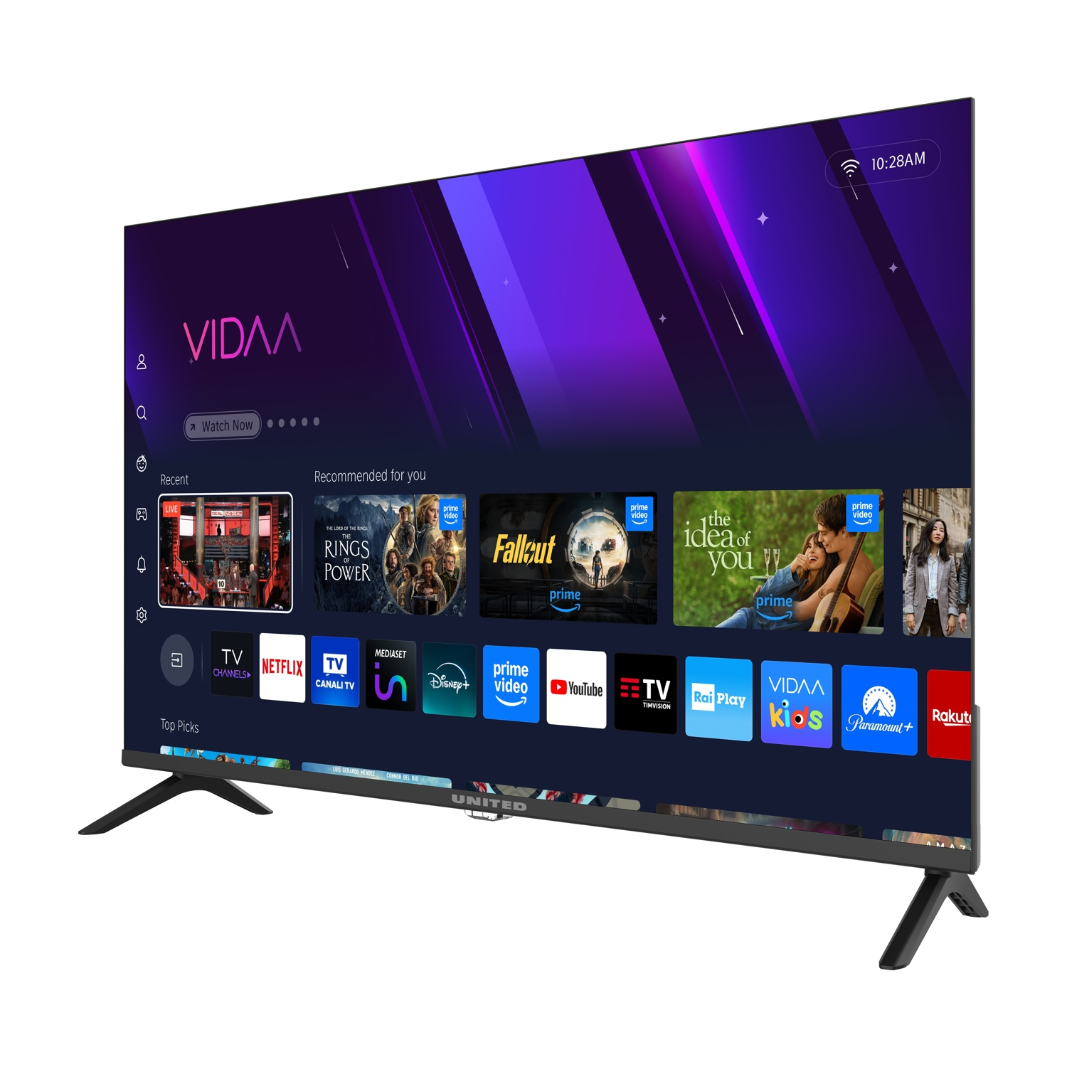 Una moderna smart TV che mostra l'interfaccia VIDAA con app di streaming e consigli.