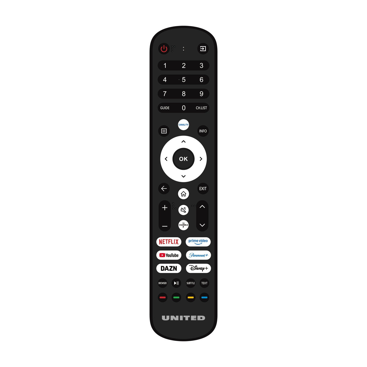 Telecomando TV United nero con numeri, pulsanti di navigazione e loghi di streaming.
