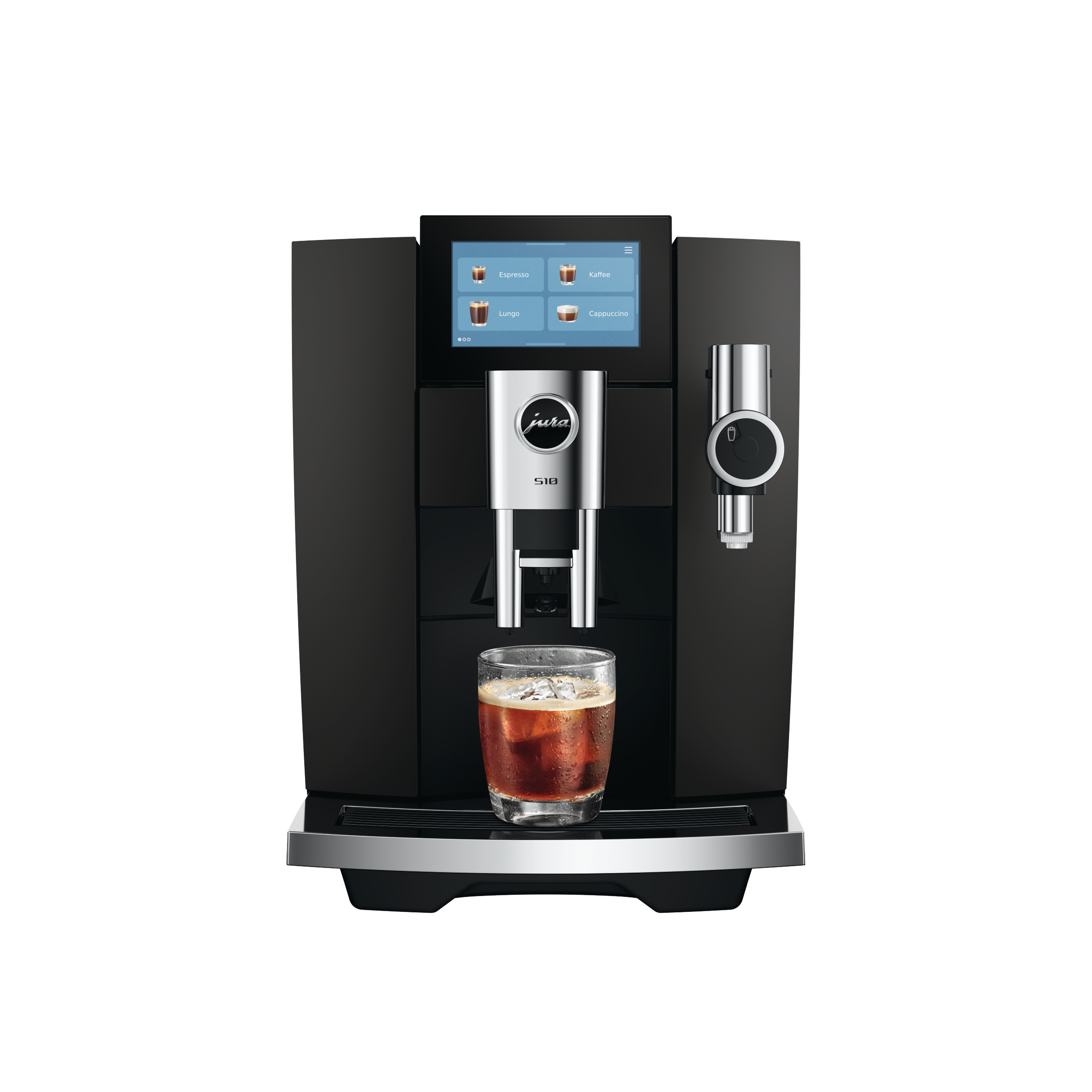Schwarze Jura S10 Kaffeemaschine mit Touchscreen und einer Glas Eiskaffee.