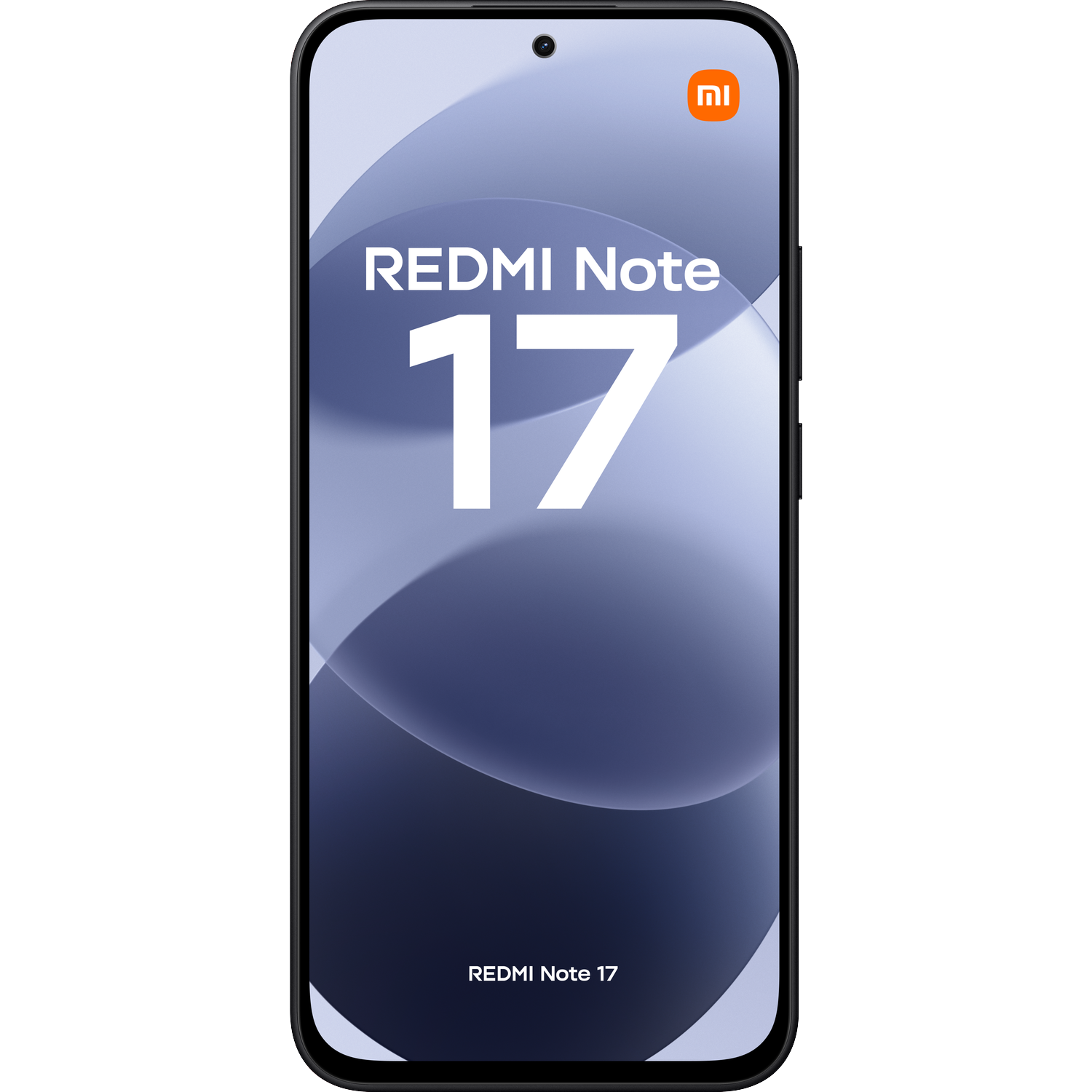 A black smartphone displays the text REDMI Note 17 in white on its blue screen.